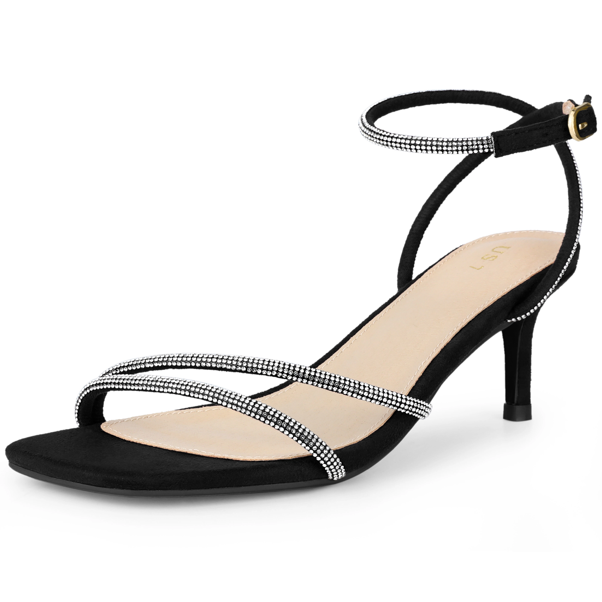 BLISSFUL STEP Women's Rhinestone Kitten Heels Square Toe Ankle Strap Sandals