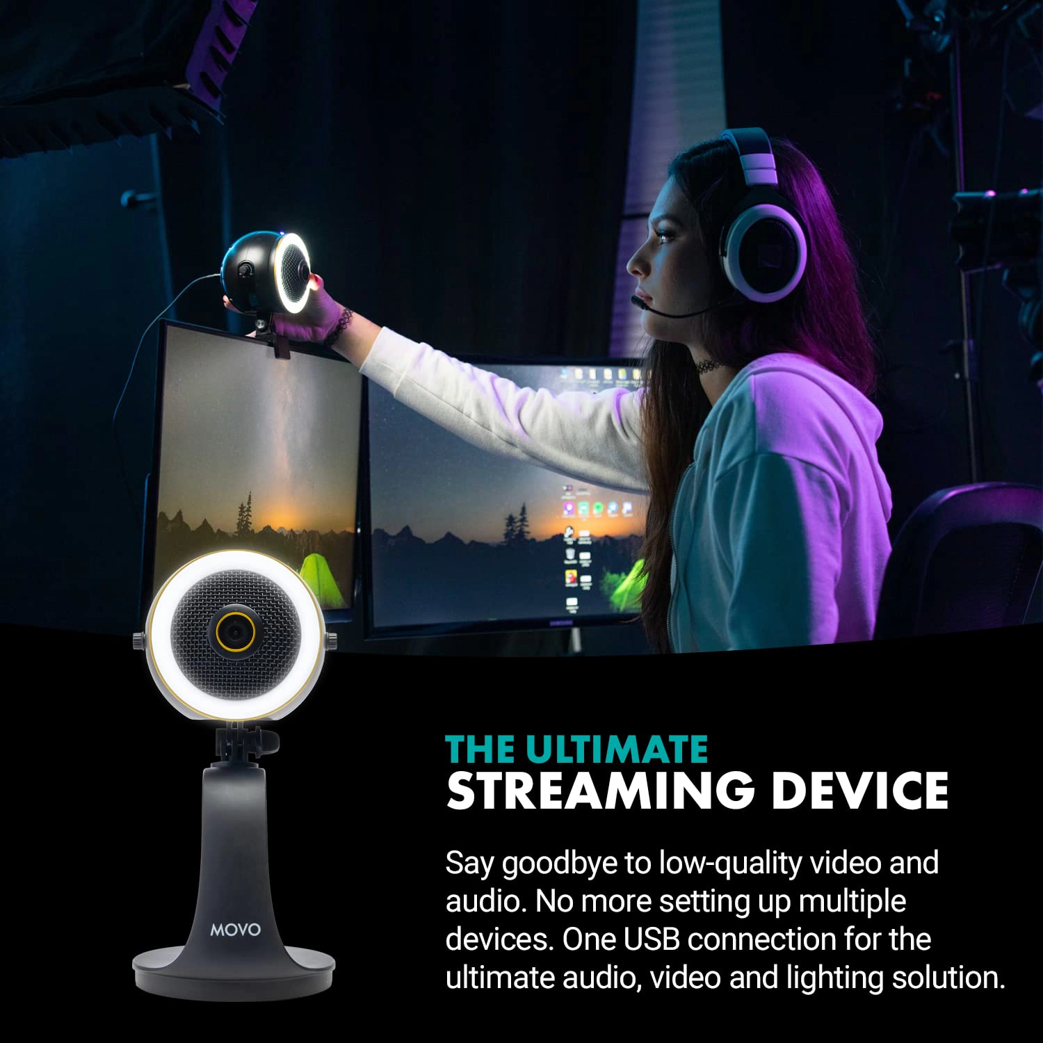 Movo WebMic HD Pro - All-in-One Streaming Webcam Microphone and LED Ring Light