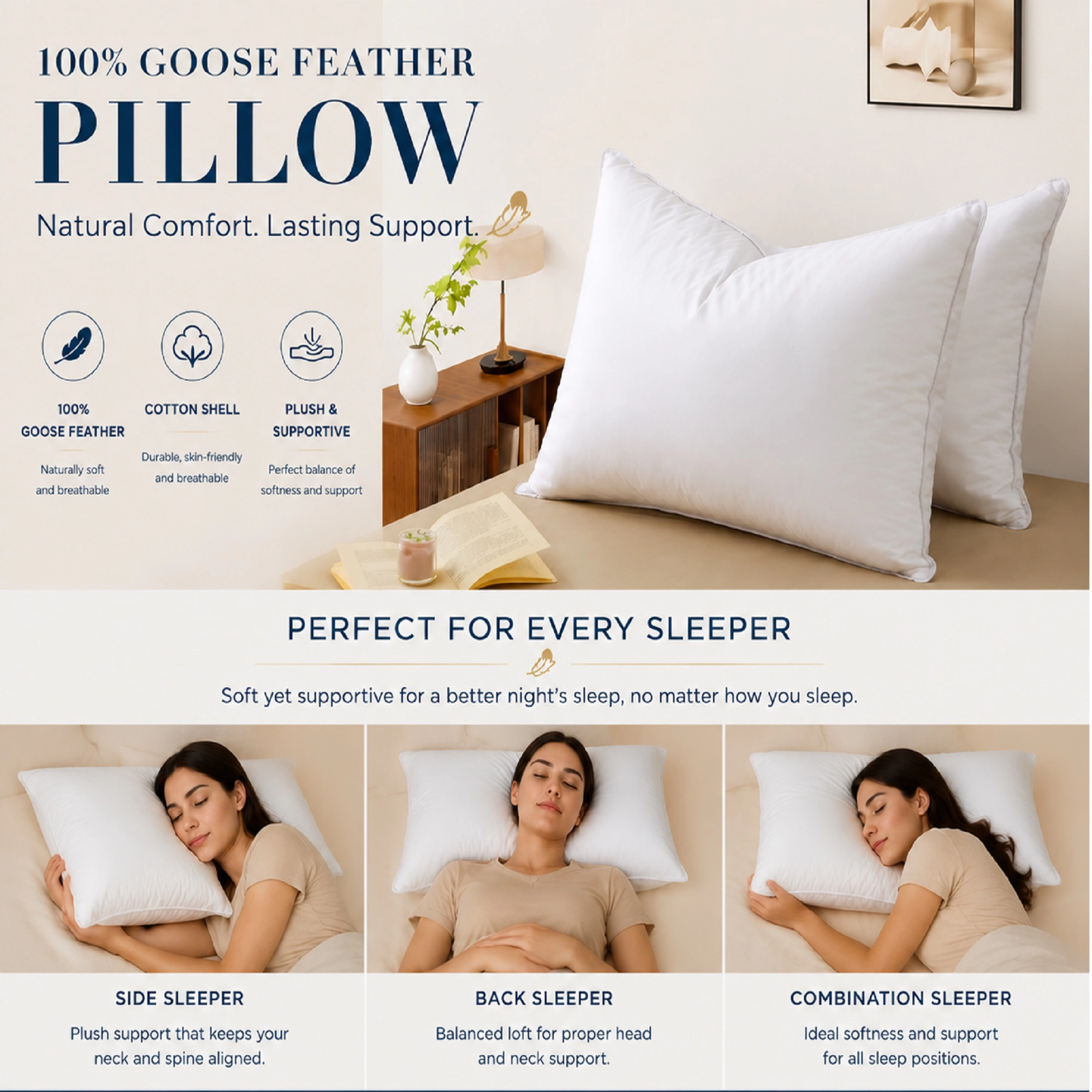 Unikome 233TC Cotton White Goose Feather Down Bed Pillows, Set of 2