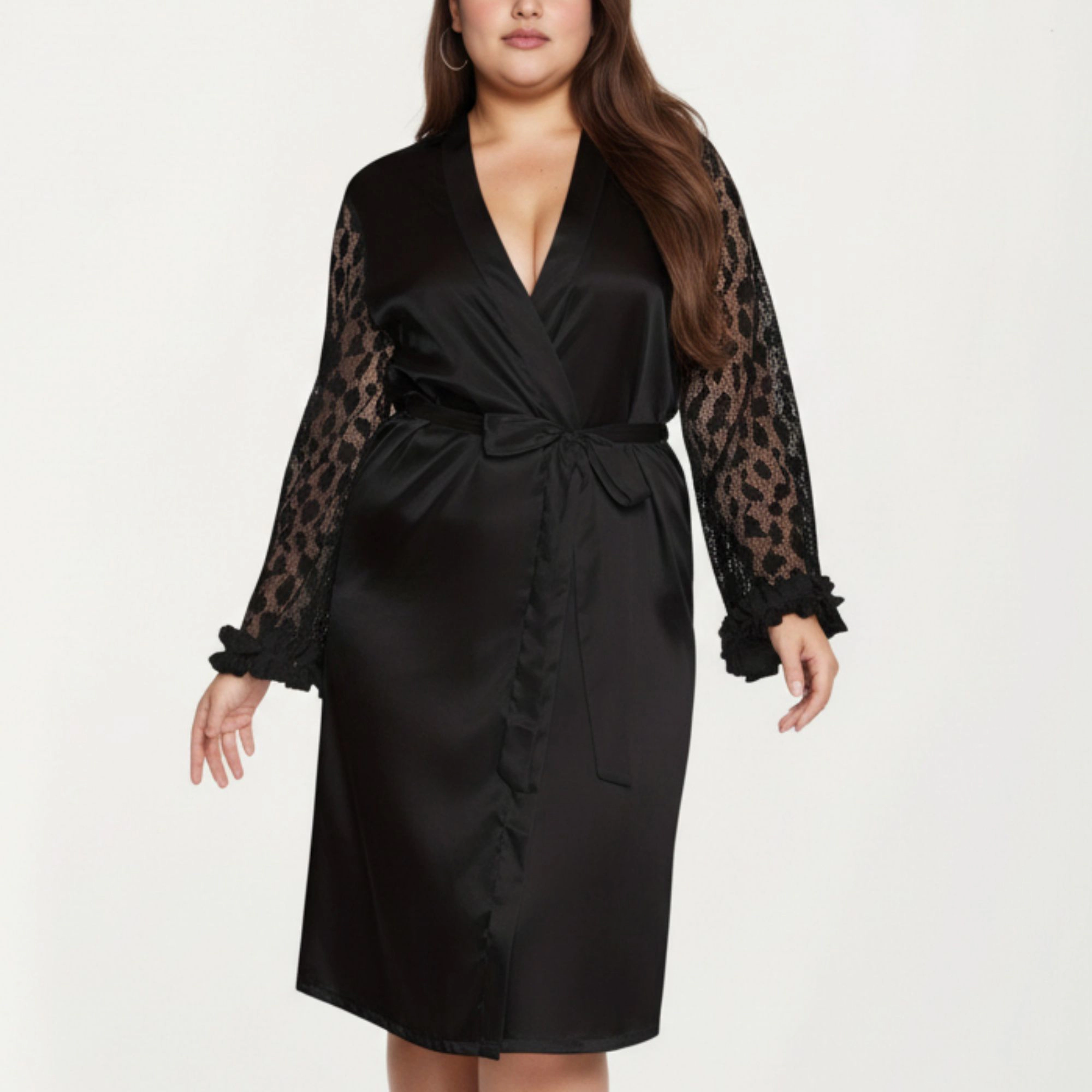 Anna-Kaci Women's Plus Satin Robe with Sheer Floral Lace Sleeves Ruffled Cuffs and Adjustable Waist Tie