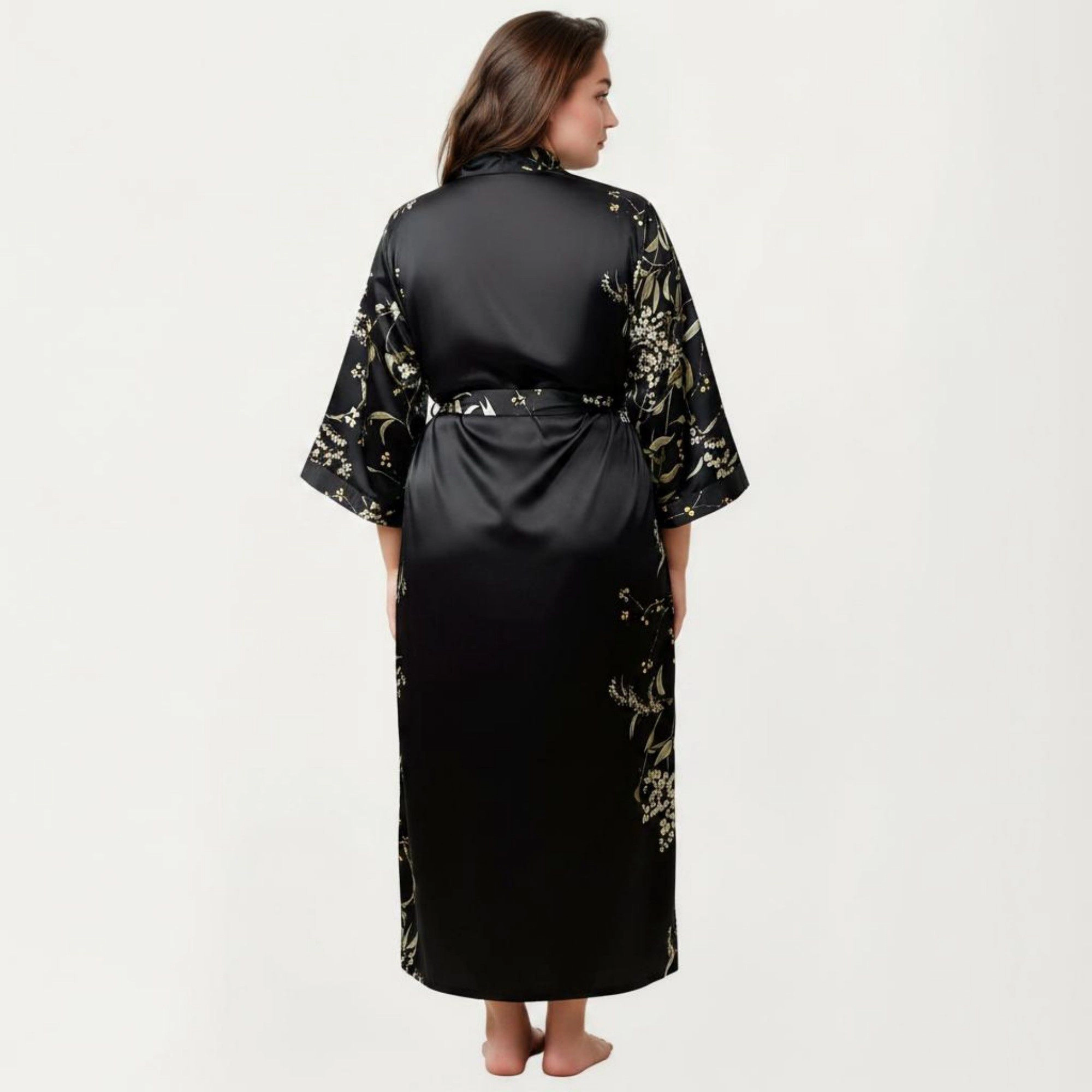 Anna-Kaci Women's Plus Satin Floral Kimono Robe with Self Tie Belt Longline Open Front Lightweight Sleepwear