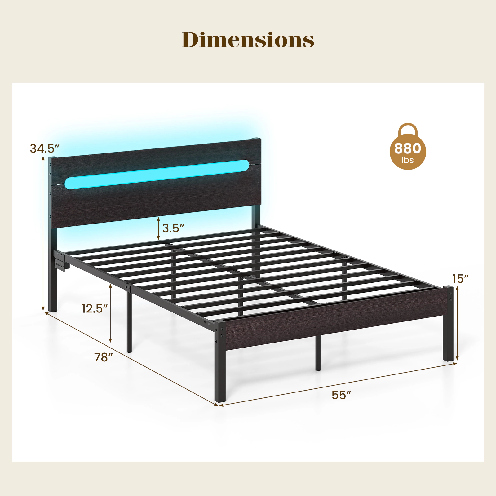 SUGIFT Metal Slats Bed Frame with Charging Station 880-lb Capacity 78-in Length Full Rustic Brown/Walnut + Black