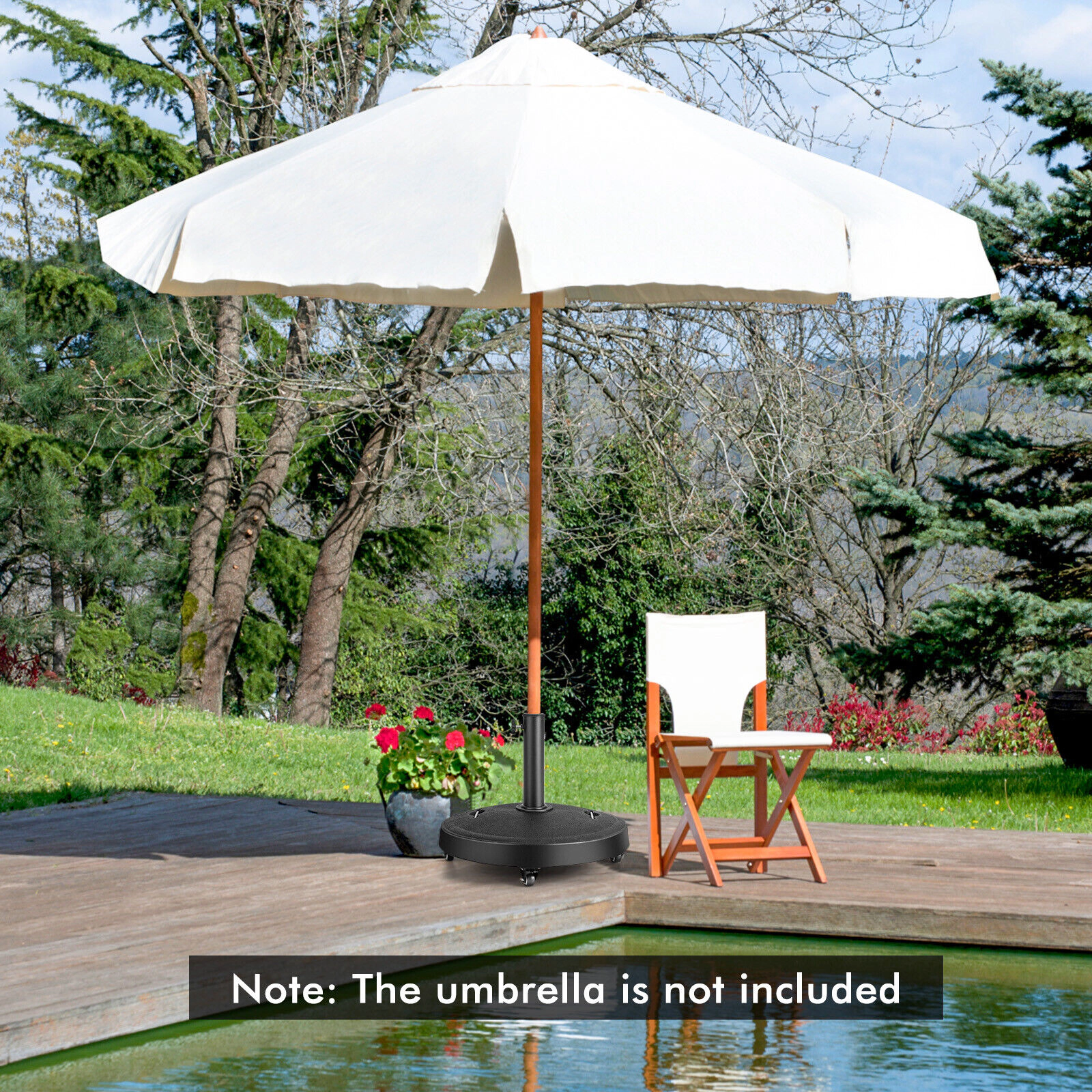 Slickblue Rolling Outdoor Umbrella Stand Base 51 lb Resin Metal 4 Lock Wheels Patio Deck