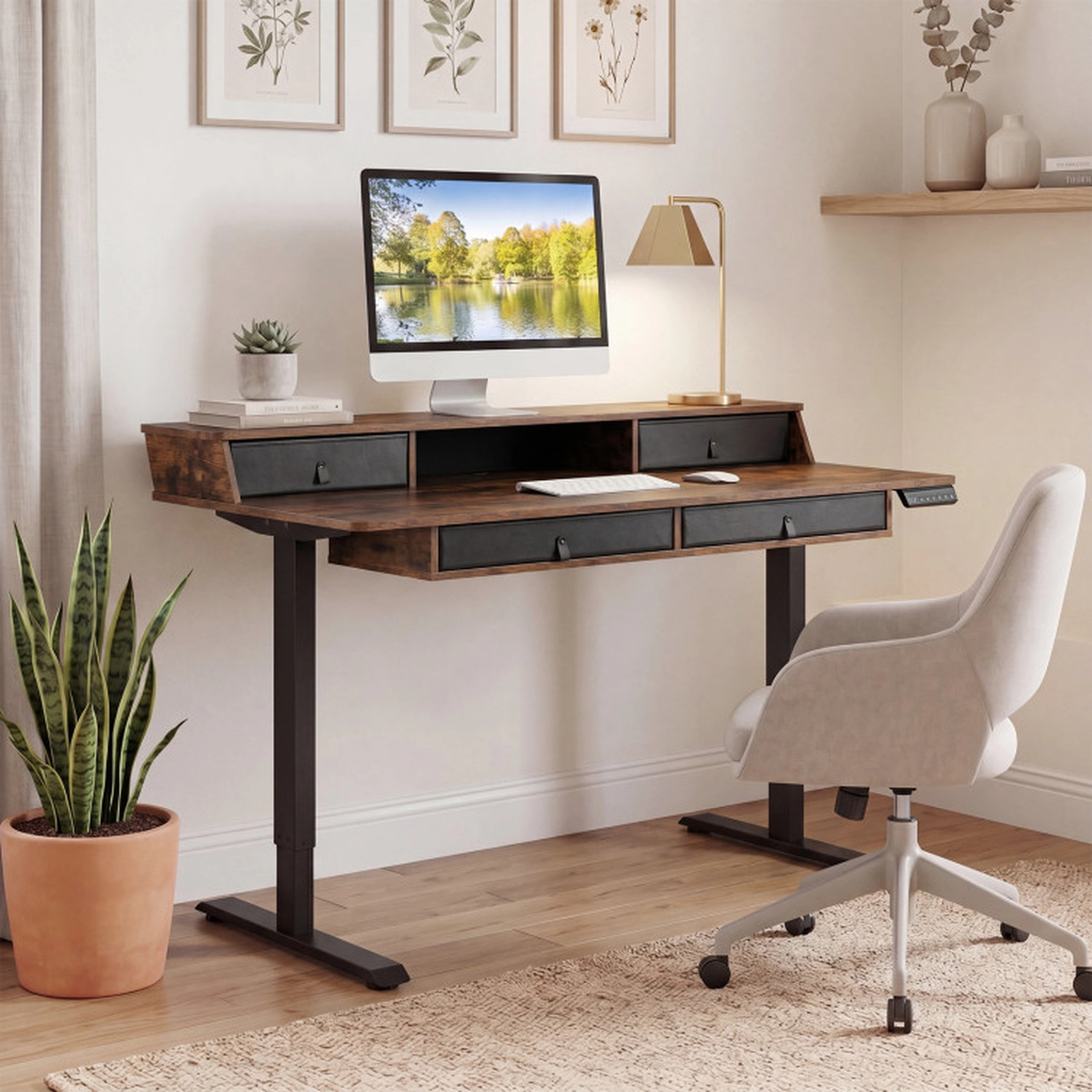 SUGIFT 55-Inch Rustic Brown Electric Standing Desk with Drawers and Monitor Stand