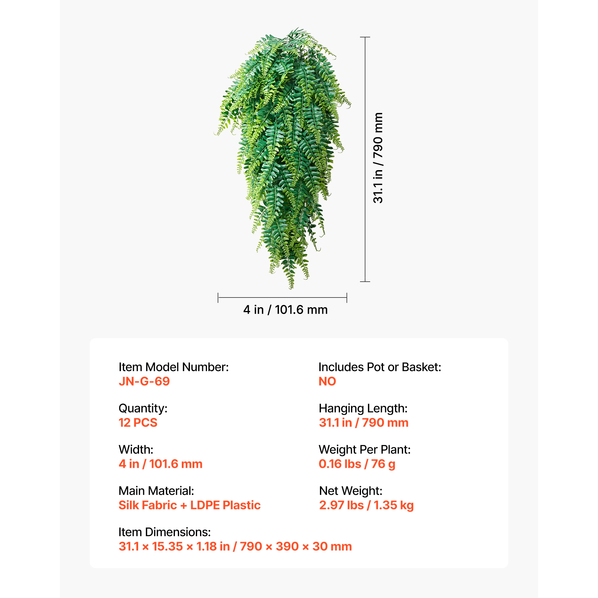 HONGGE Artificial Ferns, Fake Hanging Boston Fern Bush Plant with Hanging Length
