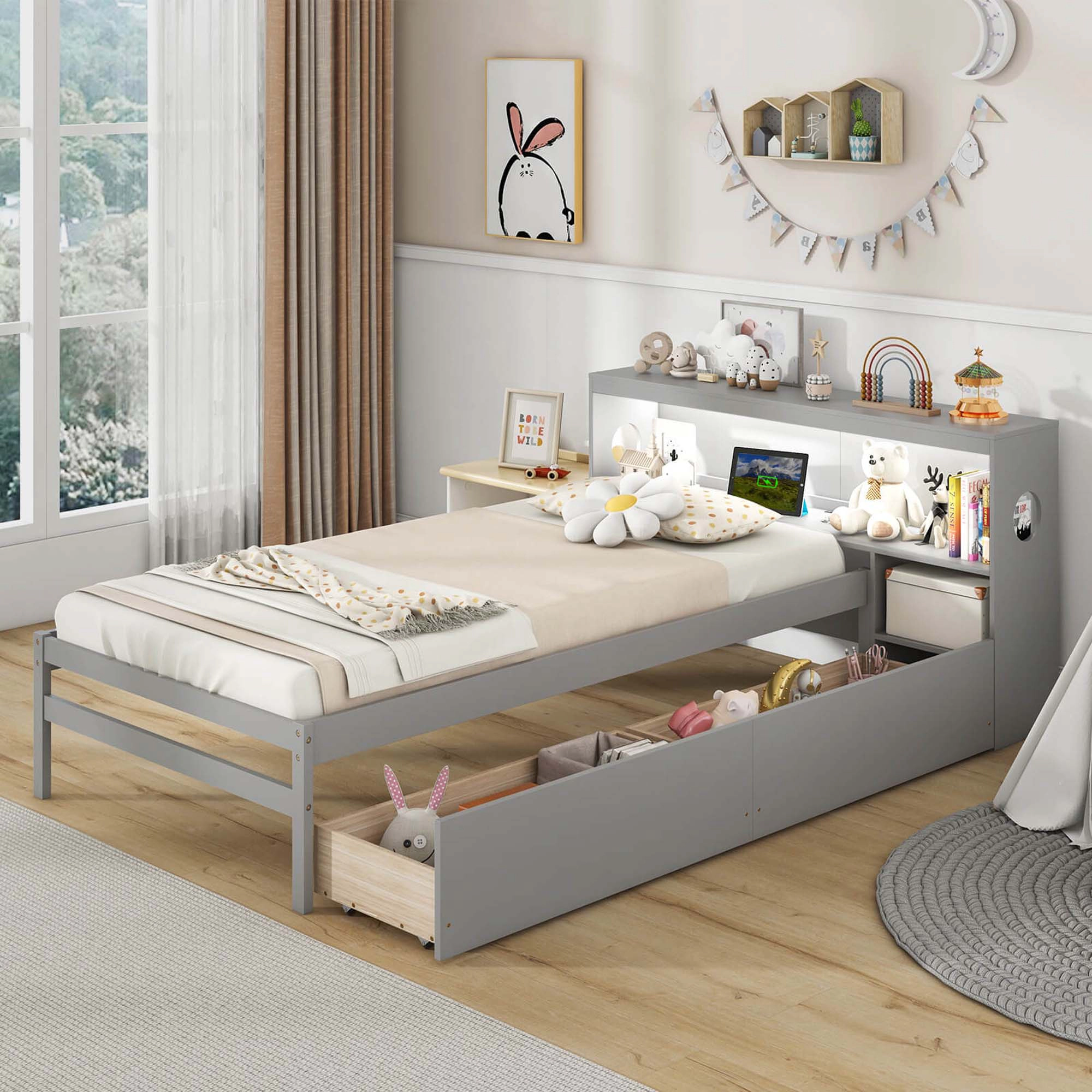 Costway Twin Size Bed Frame with LED Light & Power Outlet Bookcase Headboard Drawers Gray
