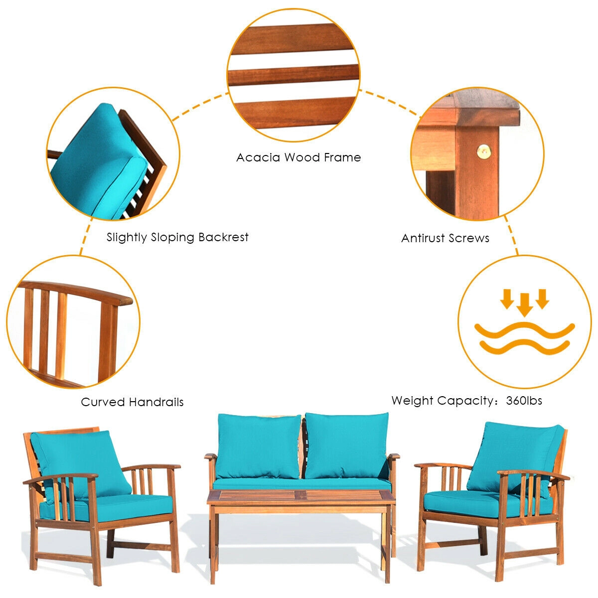 SUGIFT 4-Piece Acacia Wood Patio Conversation Set with Loveseat, 2 Chairs and Coffee Table