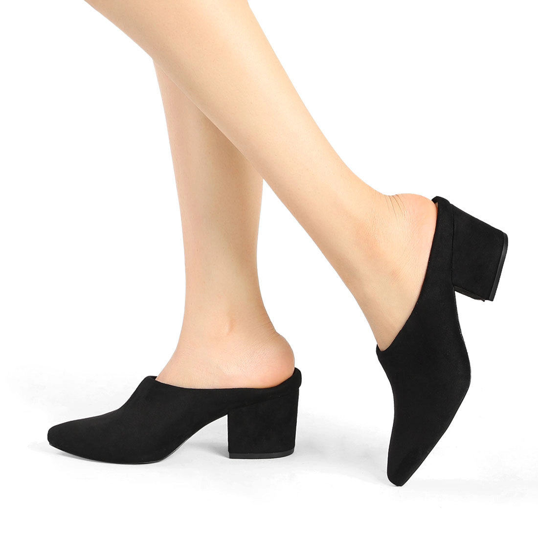 BLISSFUL STEP Women's Pointed Toe Slip-on Block Heel Slide Mules