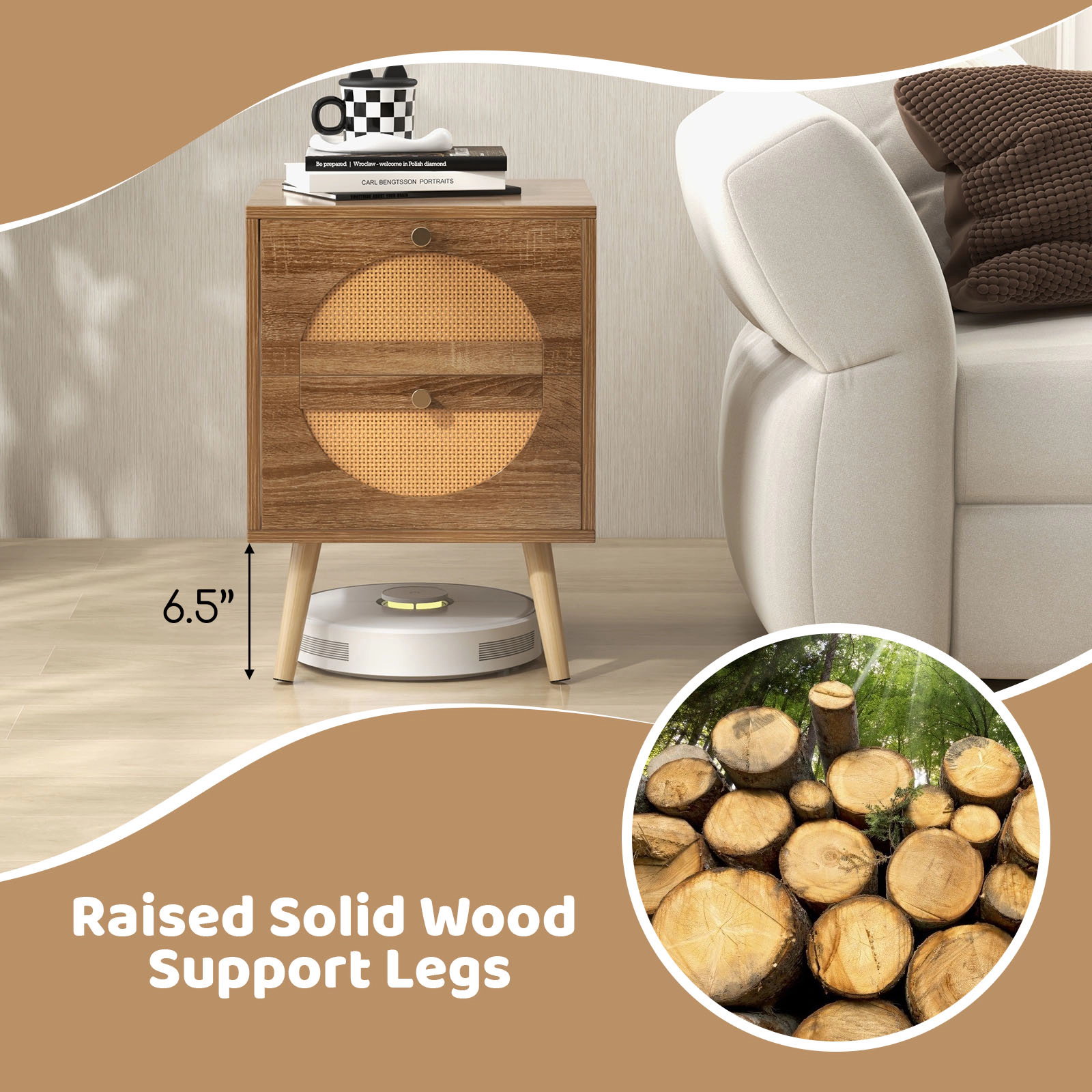 Hivvago Set of 2 Rattan Nightstand with 2 Drawers and Solid Wood Legs