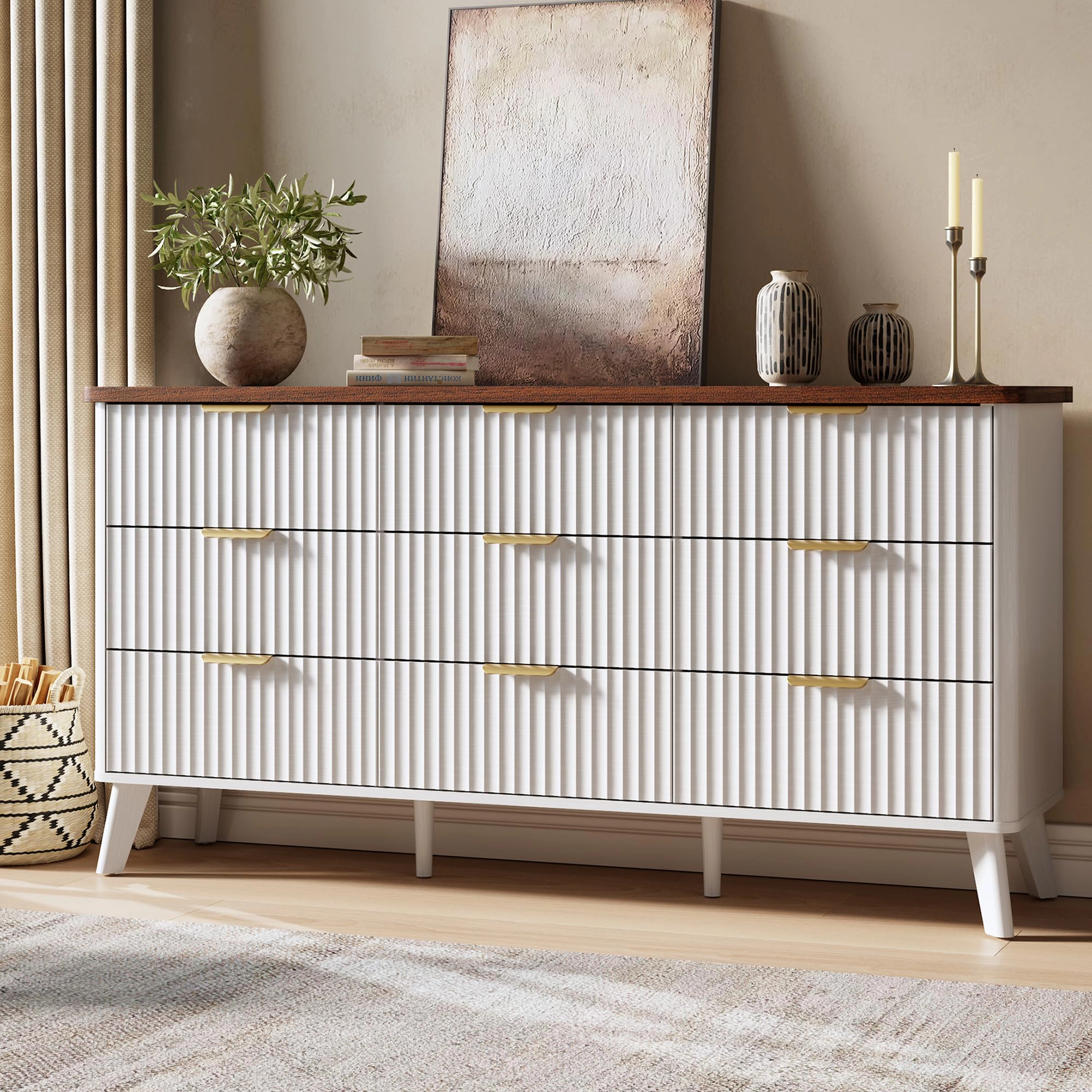 Fluted 9 Drawer Dresser, Curved Profile Design 60.6" Wide  Wooden Chest & TV Stand for Bedroom Living Room
