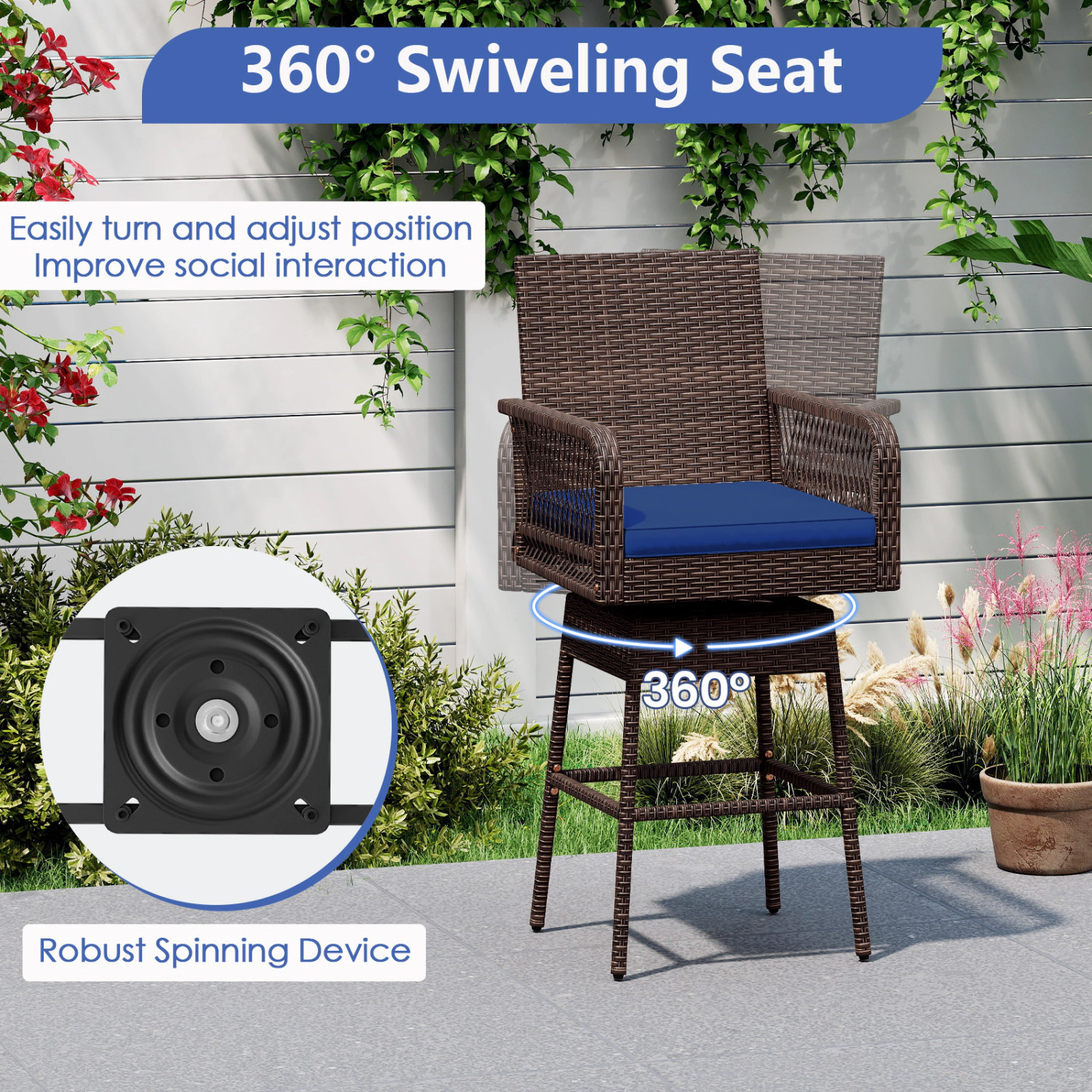 LJG 29" Bar Height Patio 360° Swivel Bar Stool with Cross-Woven Armrests Footrest and Seat Cushion