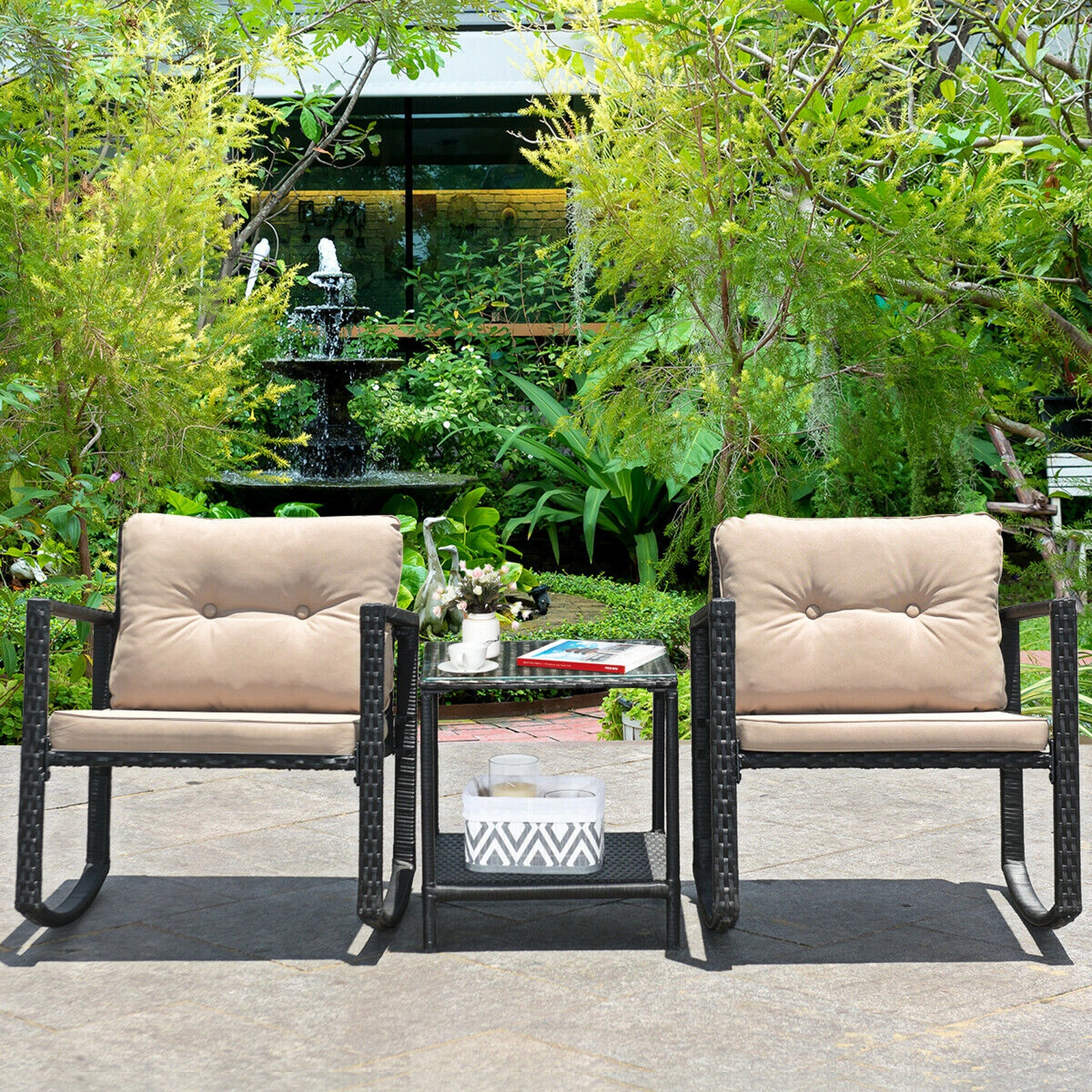 SUGIFT 3 Piece Wicker Rocking Bistro Set Beige with Glass Coffee Table and Storage Shelf