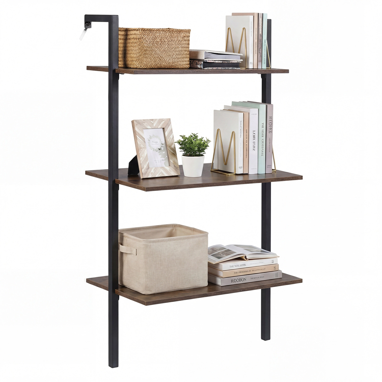 LJG 3-Tier Modern Wall Mounted Shelves Wooden Floating Shelving Unit Metal Ladder Bookshelf