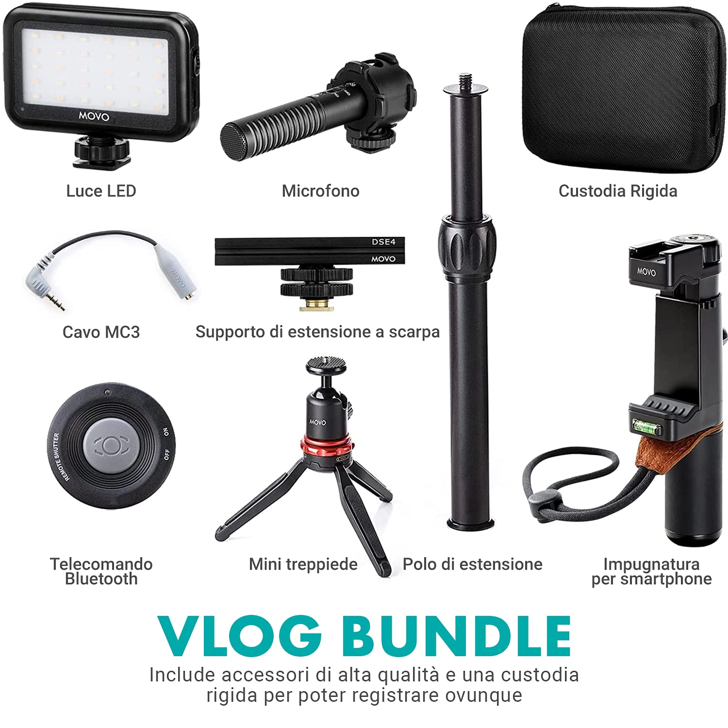 Movo V7+ YouTube Starter Kit - Vlogging Kit for iPhone with Tripod Grip Stereo Microphone LED Light and Remote
