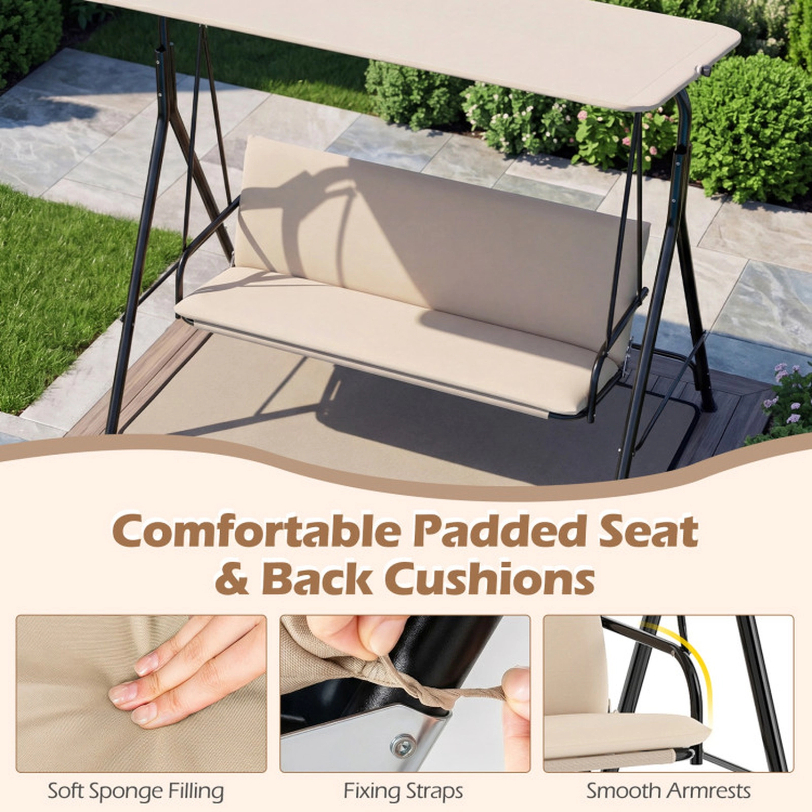 SUGIFT Beige 3-Seat Patio Swing with Breathable Mesh, Removable Cushion, Adjustable Canopy, 800 lb Capacity