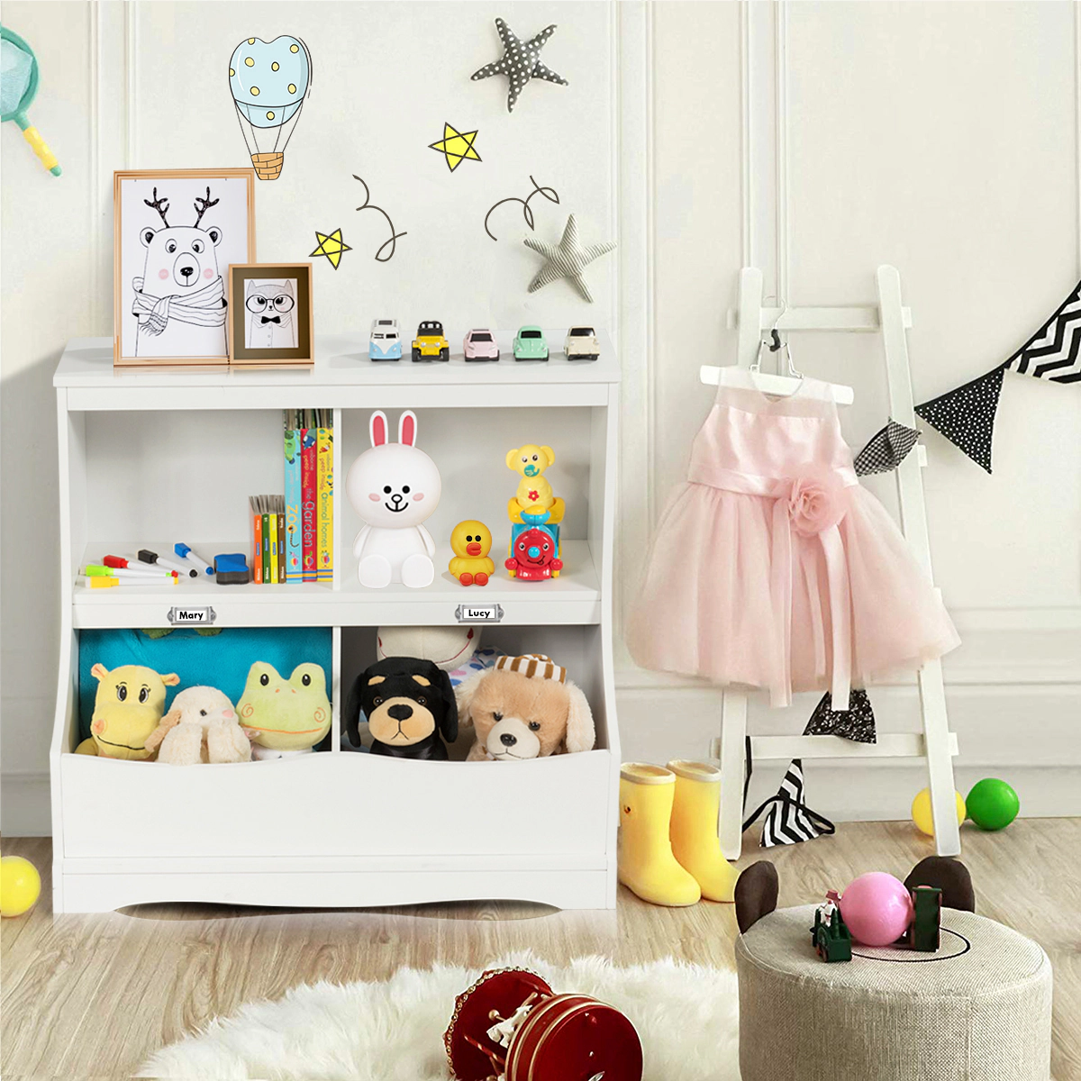 Costway Children's Multi-Functional Bookcase Toy Storage Bin Kids Floor Cabinet Grey