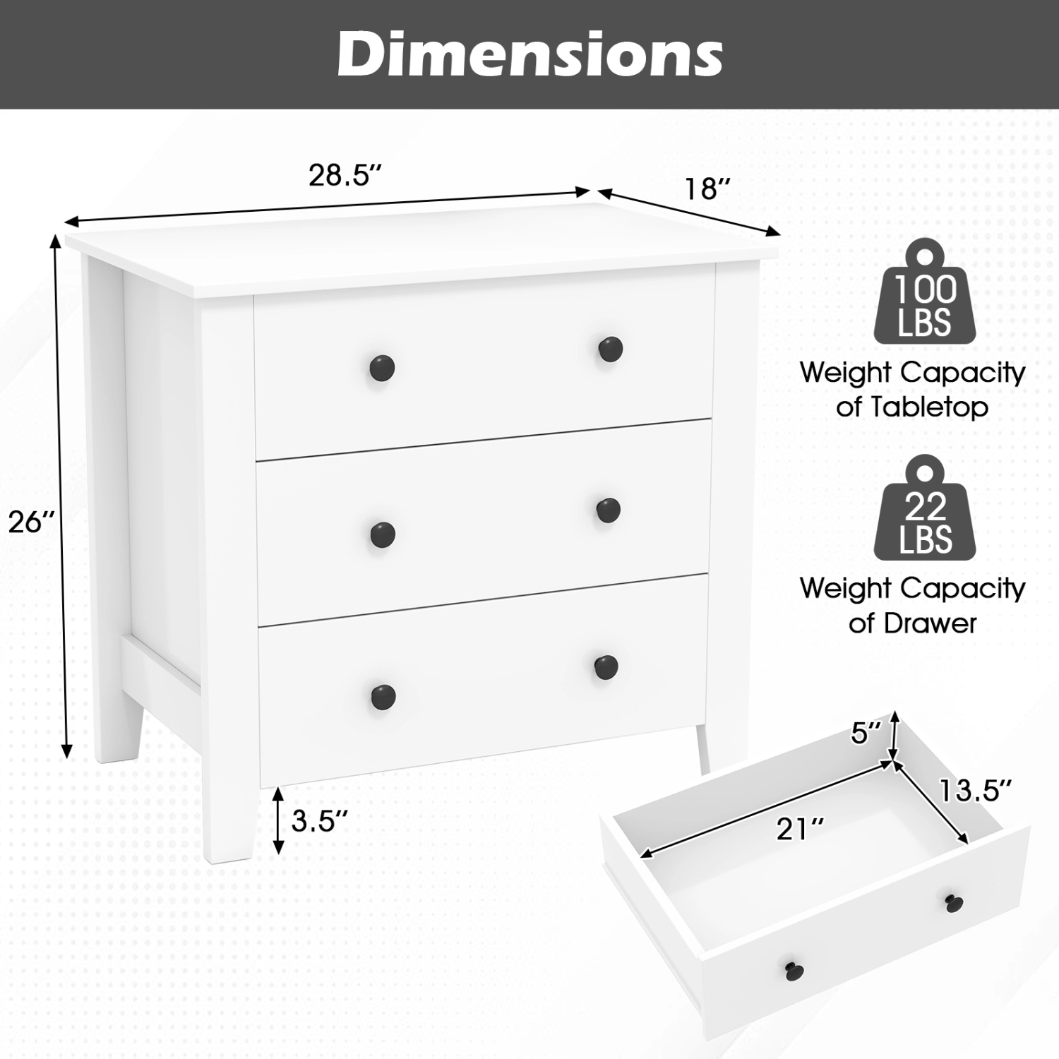 LJG 2-Pack 3 Drawer Dresser Chest of Drawers Bedside Table