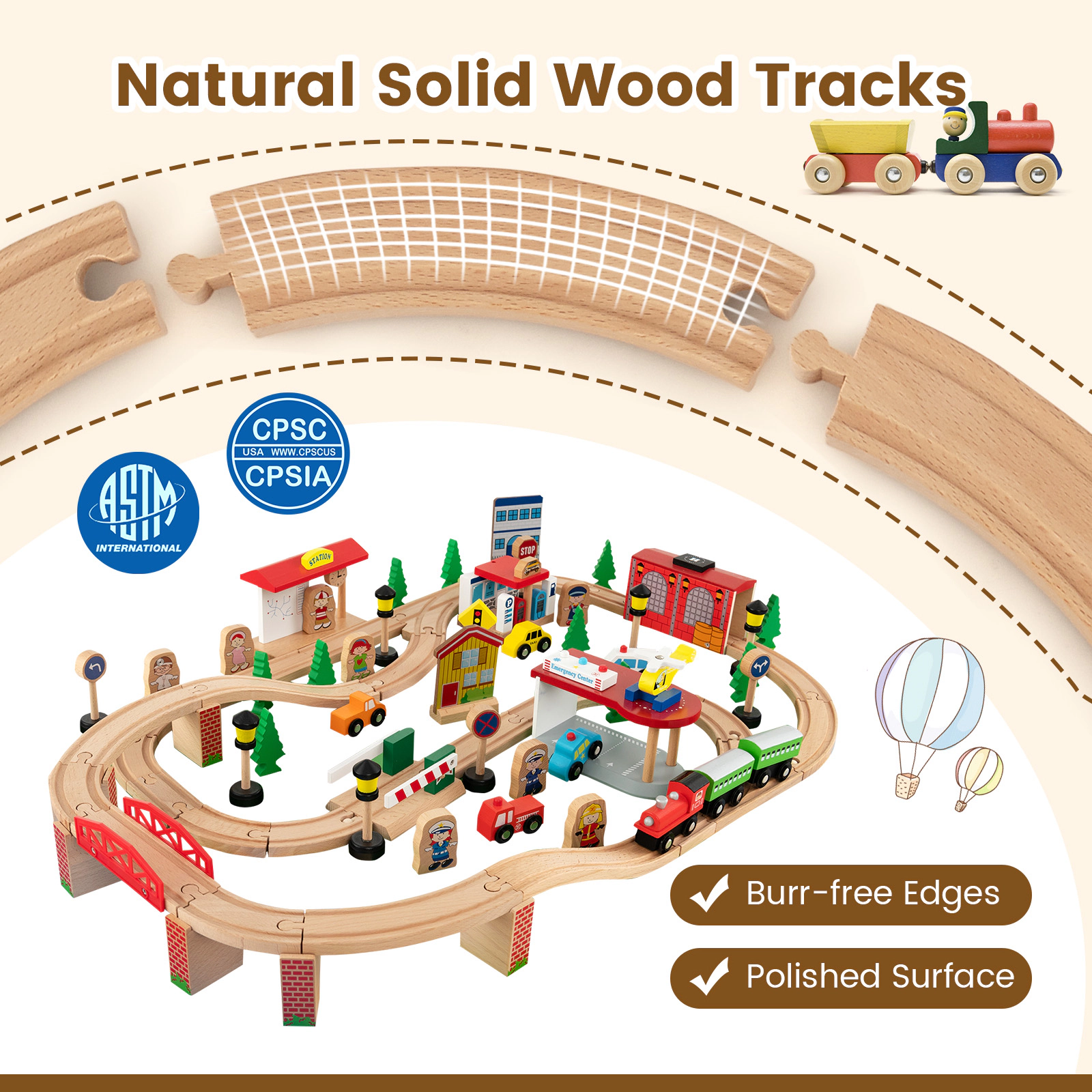 SUGIFT 84-Piece Wooden Train Set Activity Table with Reversible Top 38-in Long Ages 18M+ Natural Interactive Toy