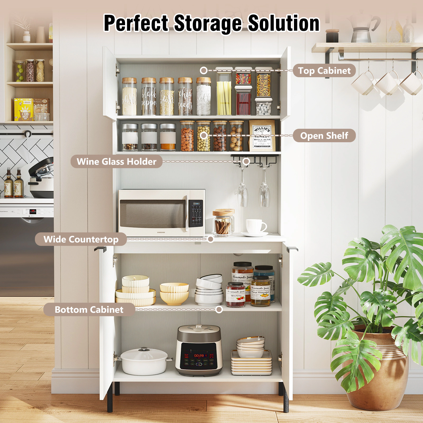 SUGIFT Kitchen Pantry Cabinet with Charging Station 90-lb Countertop Capacity with Wine Glass Rack 64.5-in Tall White