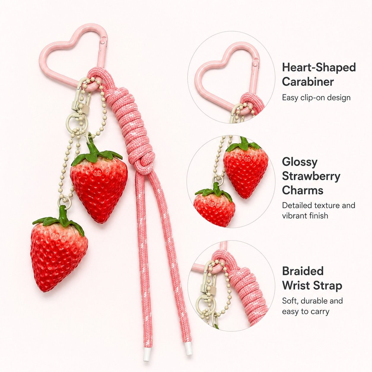 Alilang Women's 3D Strawberry Bag Charm Keychain with Heart Clasp and Braided Cord Tails, Lime Green