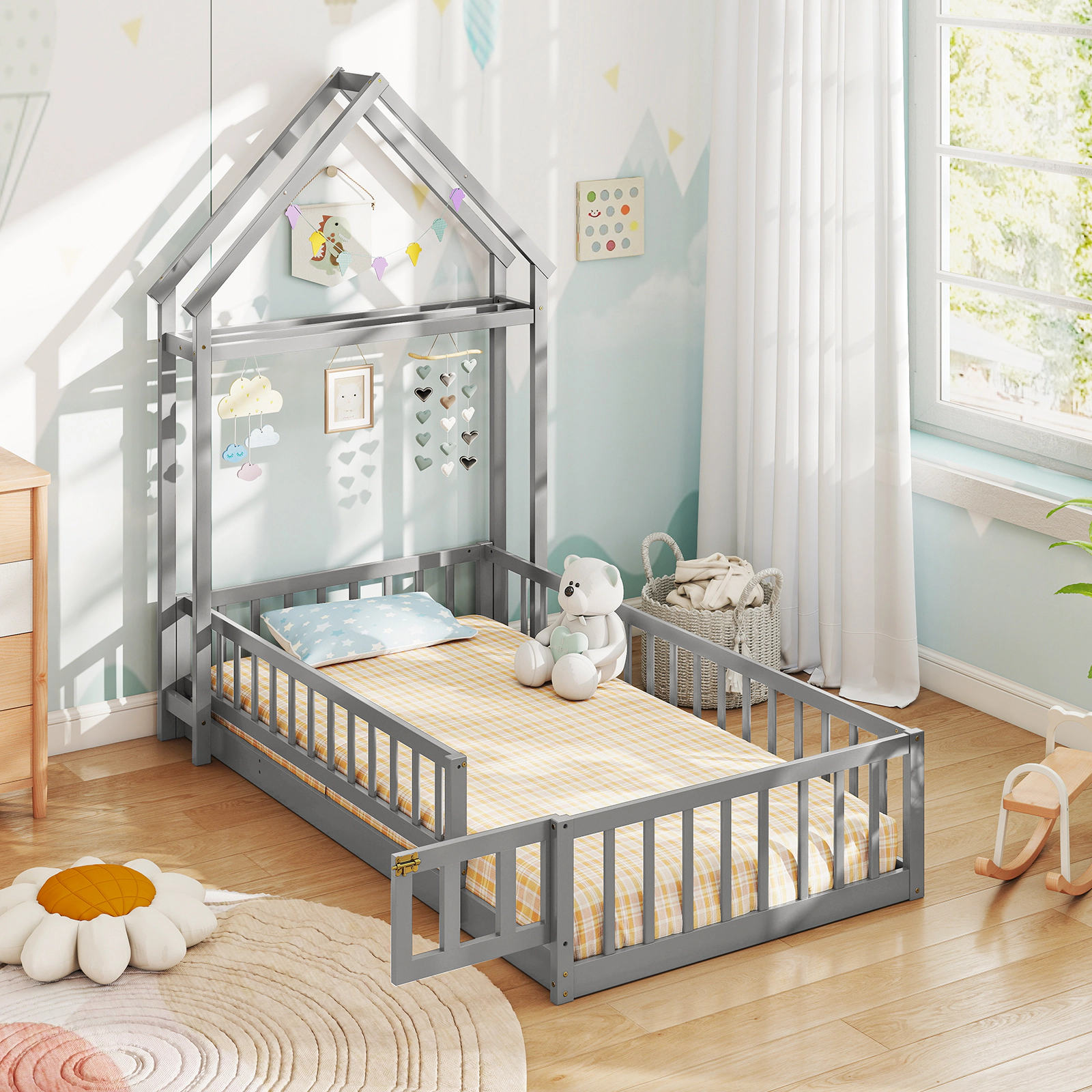 SUGIFT Twin House Floor Bed with Gabled Headboard, Safety Rails, Latching Gate and Drying Rack, Gray