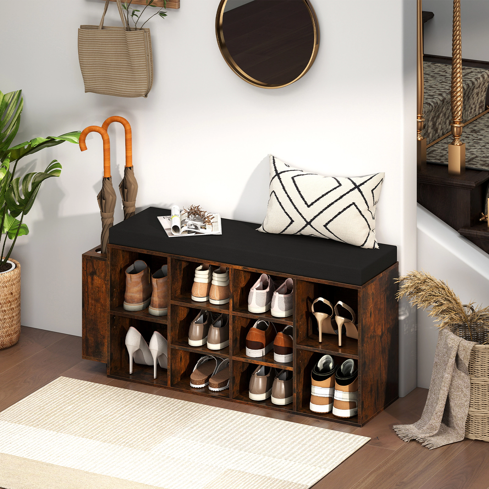 SUGIFT 10-Cubby Shoe Storage Bench with Umbrella Stand 165-lb Seating Capacity Rustic Brown/Black