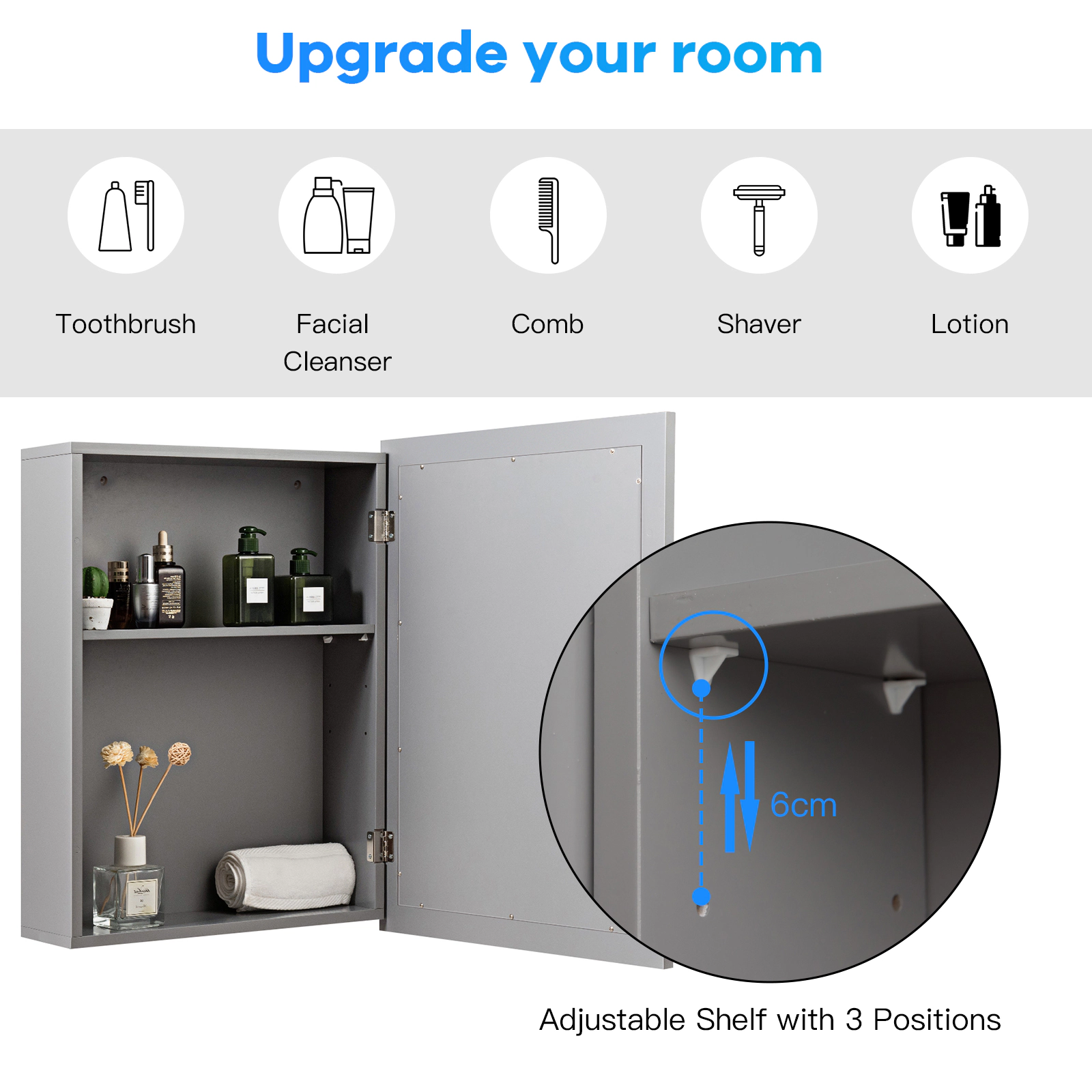 SUGIFT Gray Wall Mounted 2-Tier Mirrored Medicine Cabinet with Single Door and 3-Position Adjustable Shelf