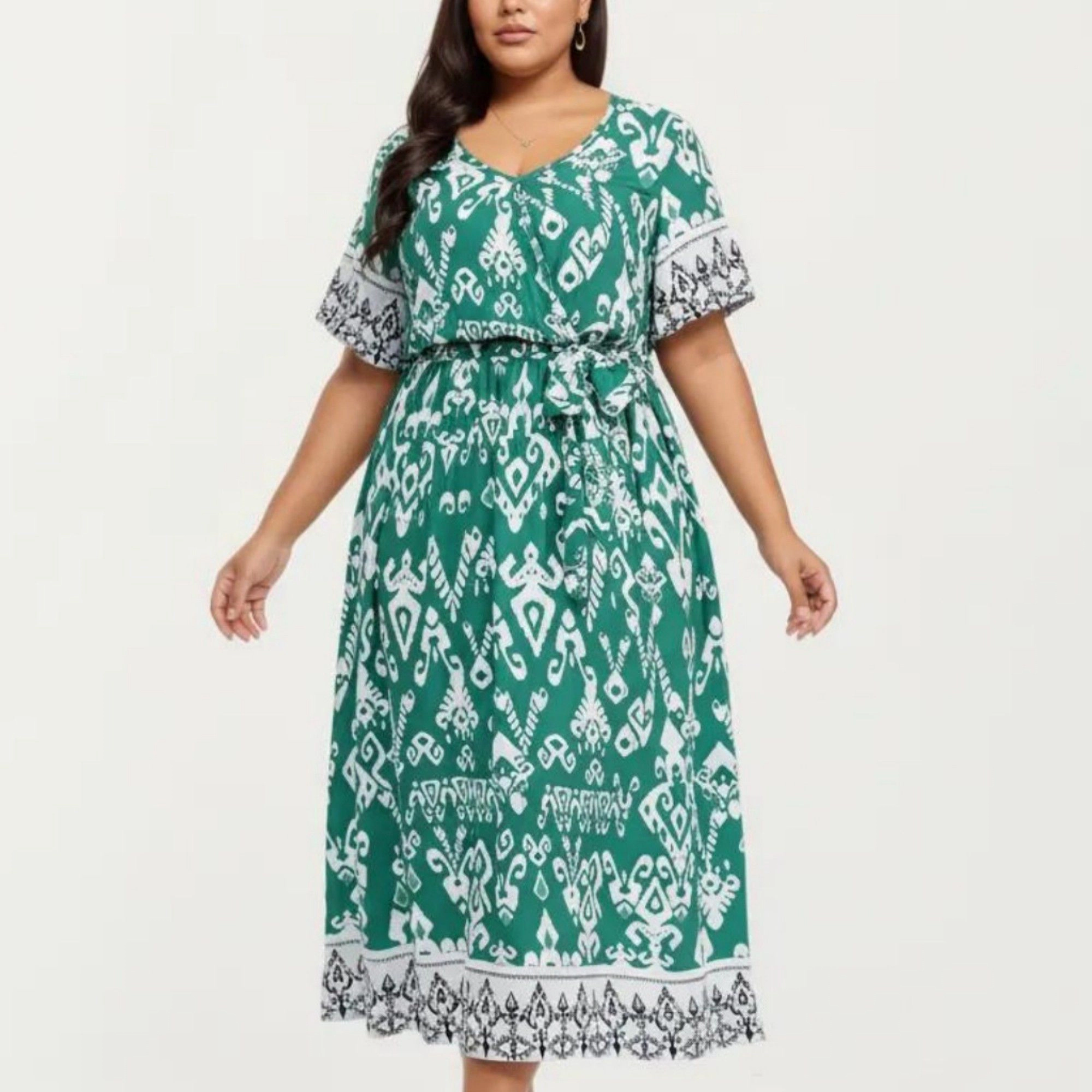 Anna-Kaci Women's Short Sleeve V Neck Waist Tie Belt All Over Print Border Detail Flowy Fit Midi Dress