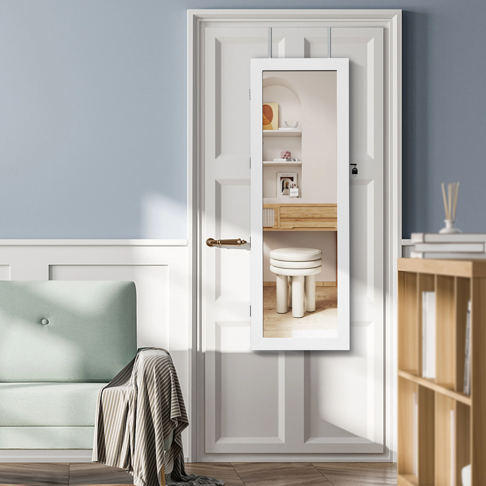 SUGIFT Wall Mount Jewelry Cabinet White Lockable Mirrored Armoire with 8 LED Lights
