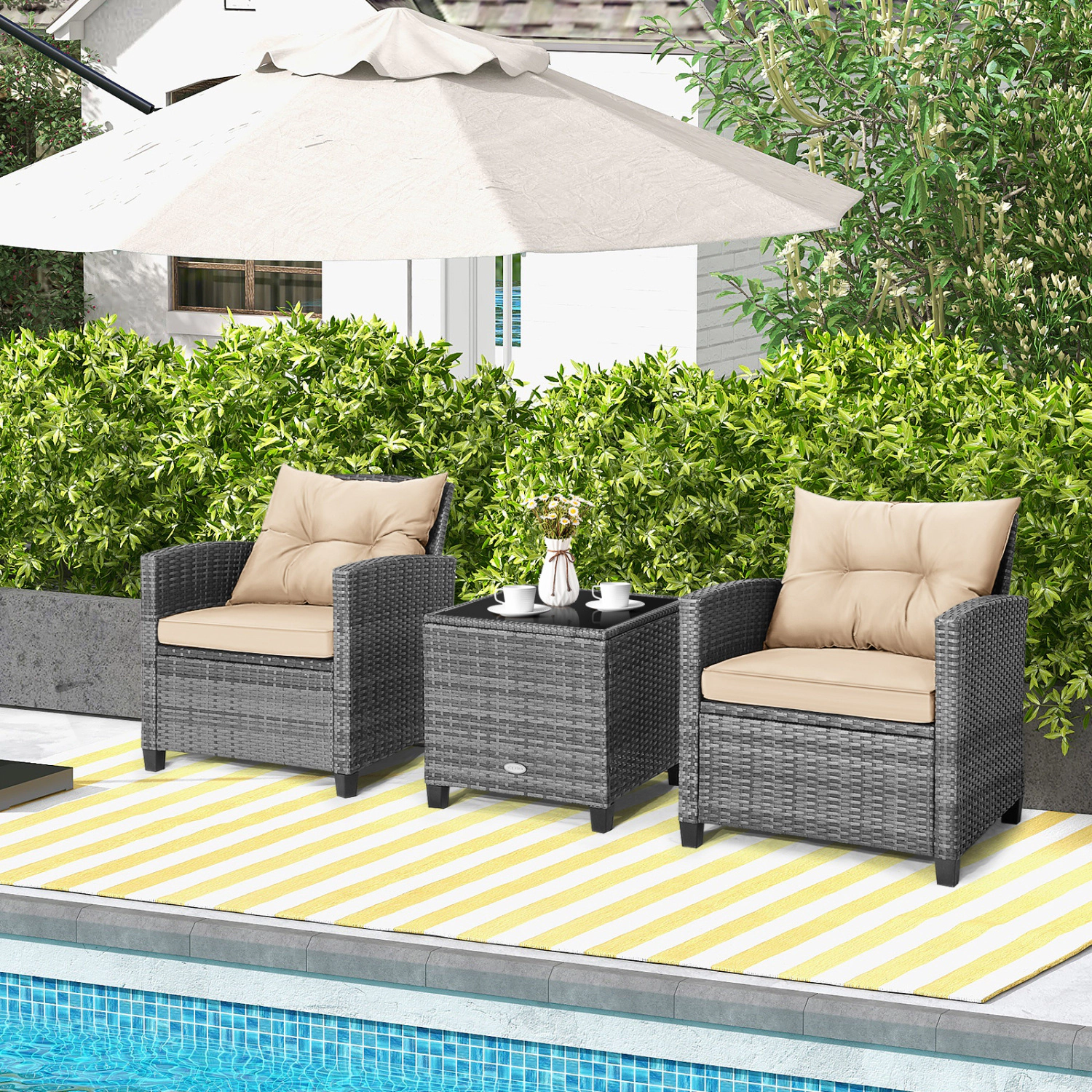 LJG 3 Pieces Outdoor Wicker Conversation Set with Tempered Glass Tabletop
