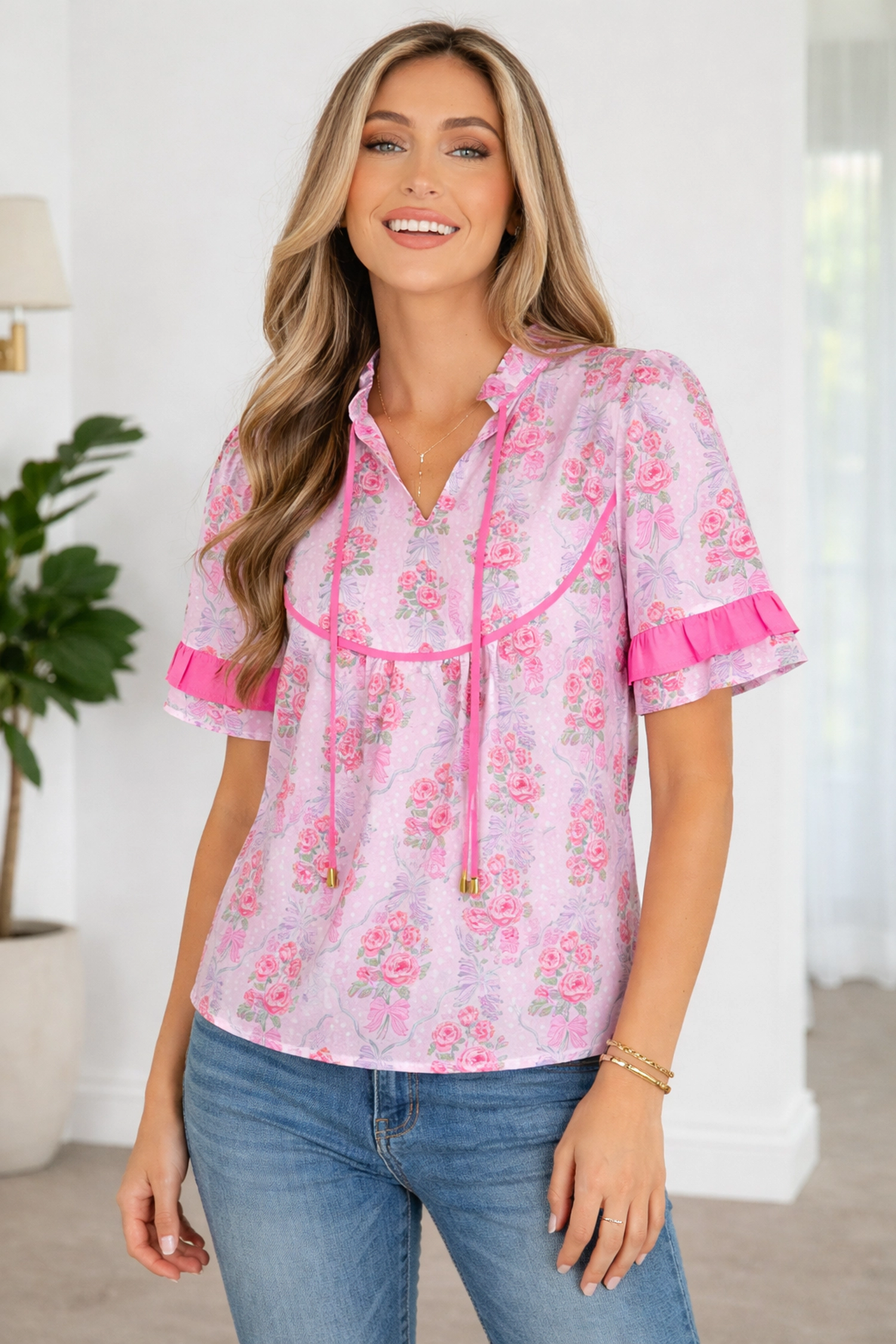 Threaded Pear Keyla Ruffled Short Sleeve Blouse