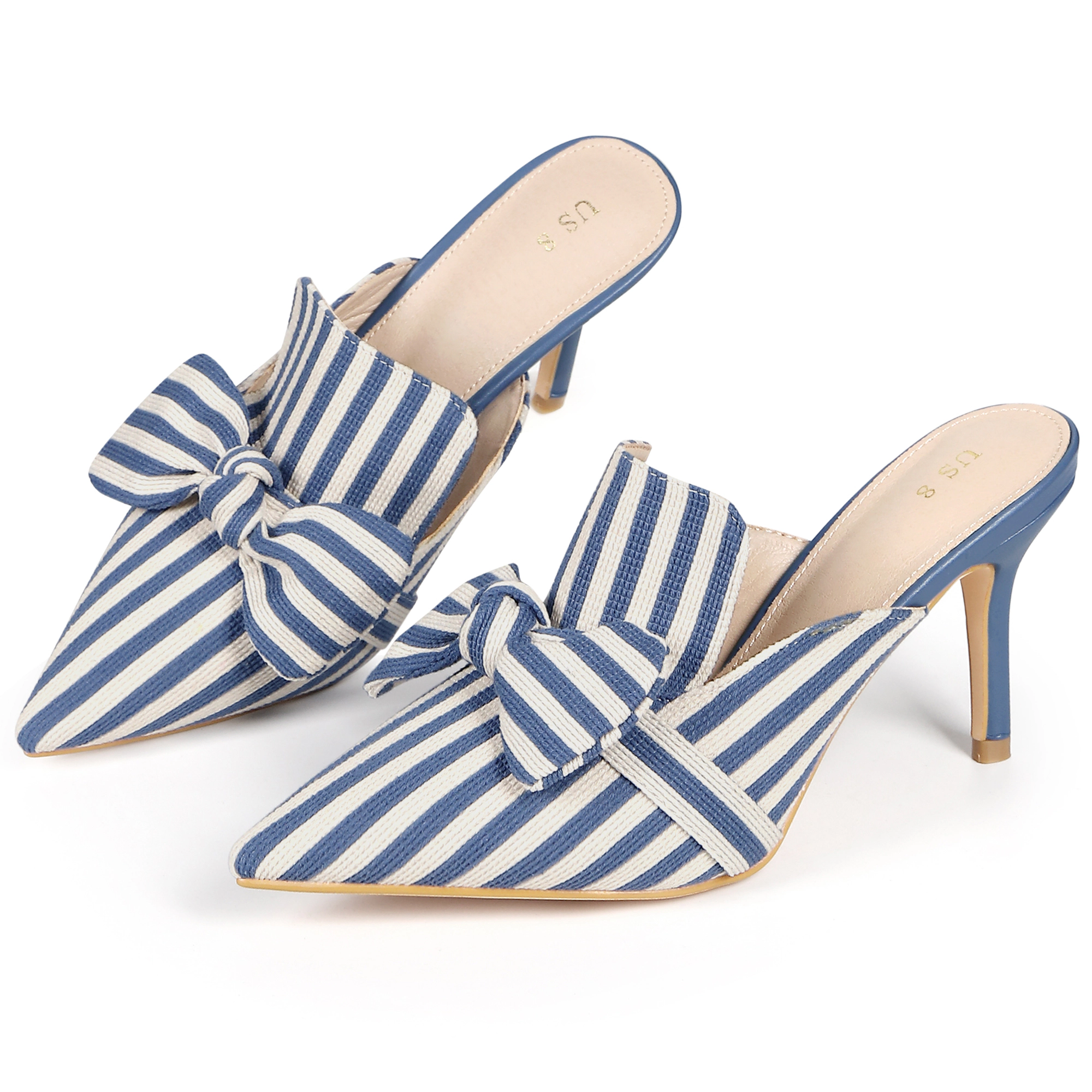 BLISSFUL STEP Women's Bow Stripe Pointed Toe Slip-on Heel Pumps Slides Mules