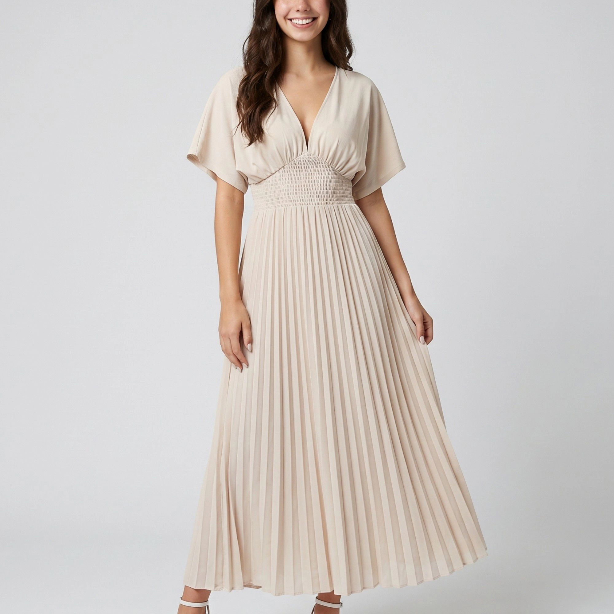 Anna-Kaci Women's Pleated V-Neckline Short Flutter Sleeves Smocked Waist A-Line Skirt Maxi Dress