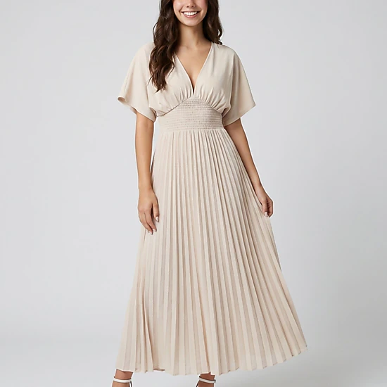 Anna-Kaci Women's Pleated V-Neckline Short Flutter Sleeves Smocked Waist A-Line Skirt Maxi Dress
