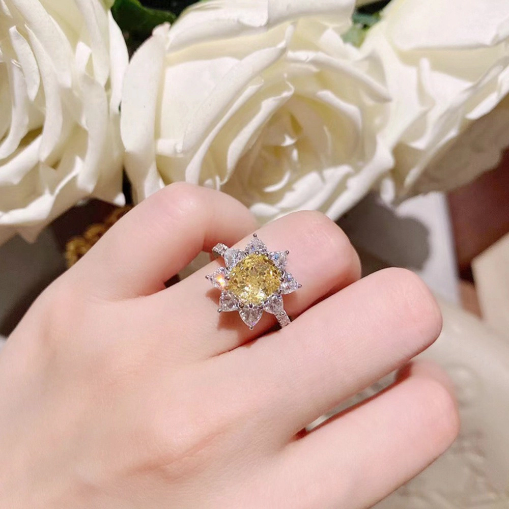 Oval Yellow Cubic Zirconia Flower Halo Ring Silver鈥慣one Luxury Engagement Ring for Women