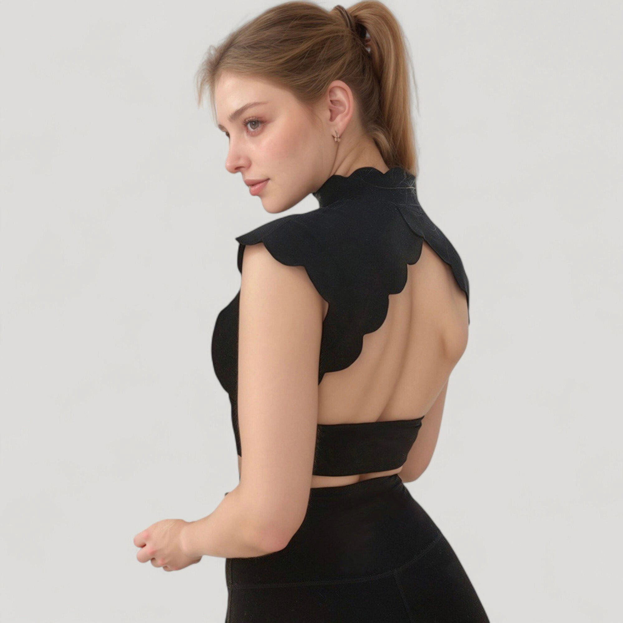 Anna-Kaci Women's Scallop Edge High Neck Cropped Top with Cap Sleeves and Open Back Detail
