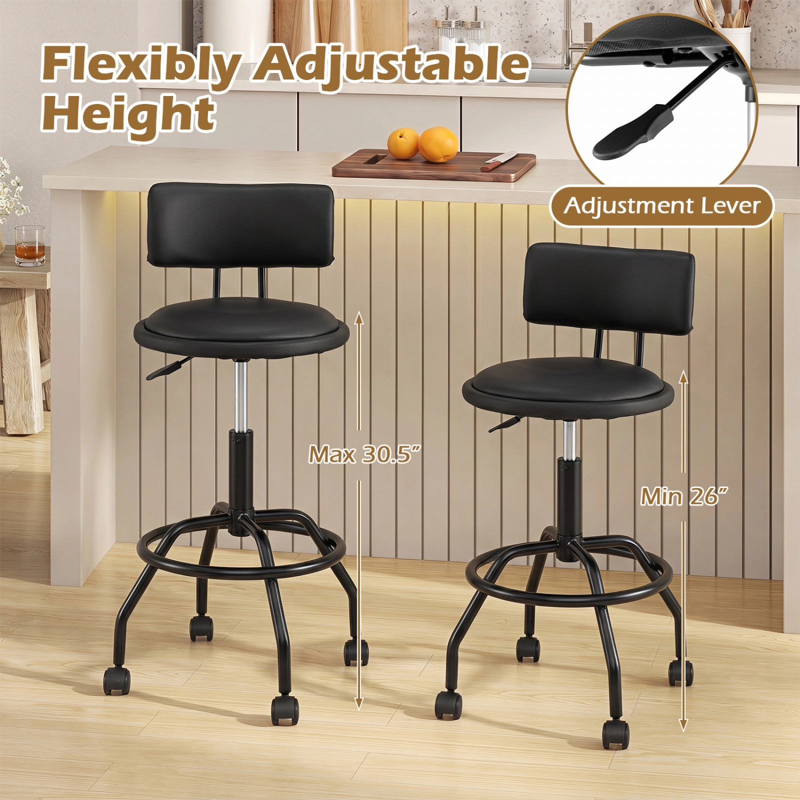 SUGIFT Modern Swivel Height Adjustable Bar Stools with Backrest 330-lb Capacity Black