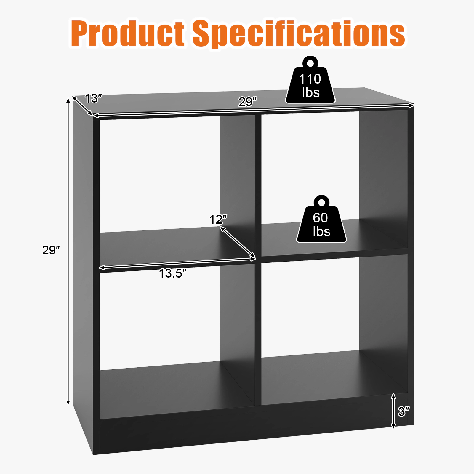 SUGIFT Kids 4-Cube Anti-Toppling Wooden Toy Storage Display Bookcase 29-in x 13-in x 29-in 60-lb per Layer Black