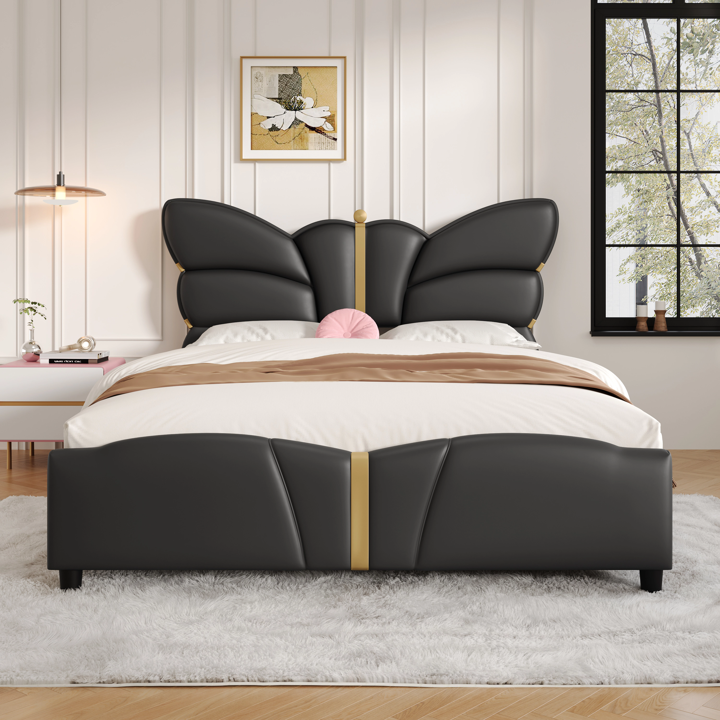 Flynama Full PU Leather Bed with Butterfly Headboard & Gold Decor, Black