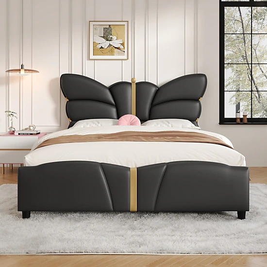 Flynama Full PU Leather Bed with Butterfly Headboard & Gold Decor, Black
