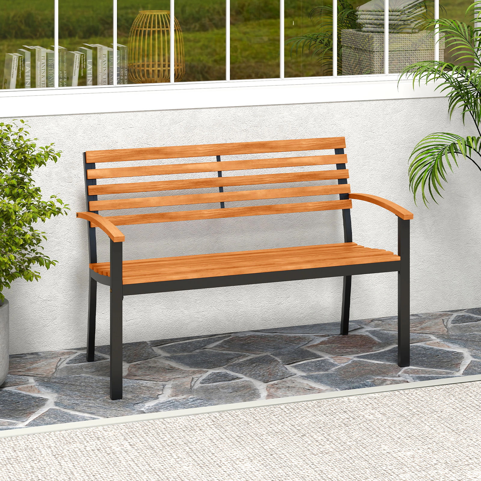 SUGIFT 47 in Outdoor Bench Acacia Wood Patio Loveseat with Backrest and Armrests
