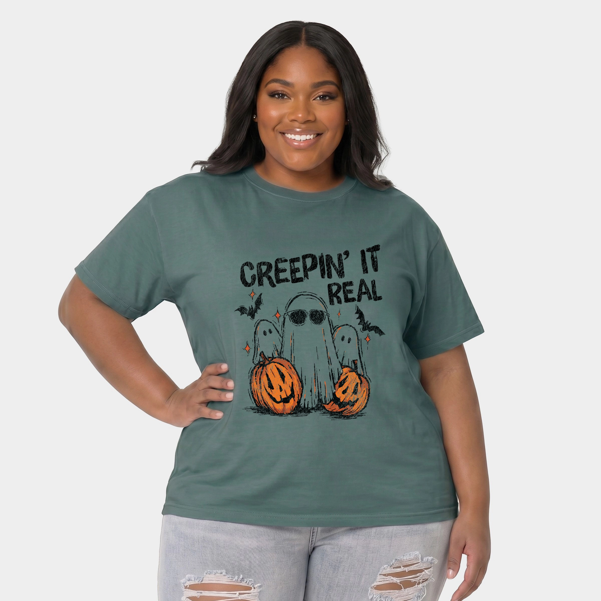 Simply Sage Market - Women's Plus Sized Garment Dyed Graphic T-Shirt Creepin it Real Ghosts