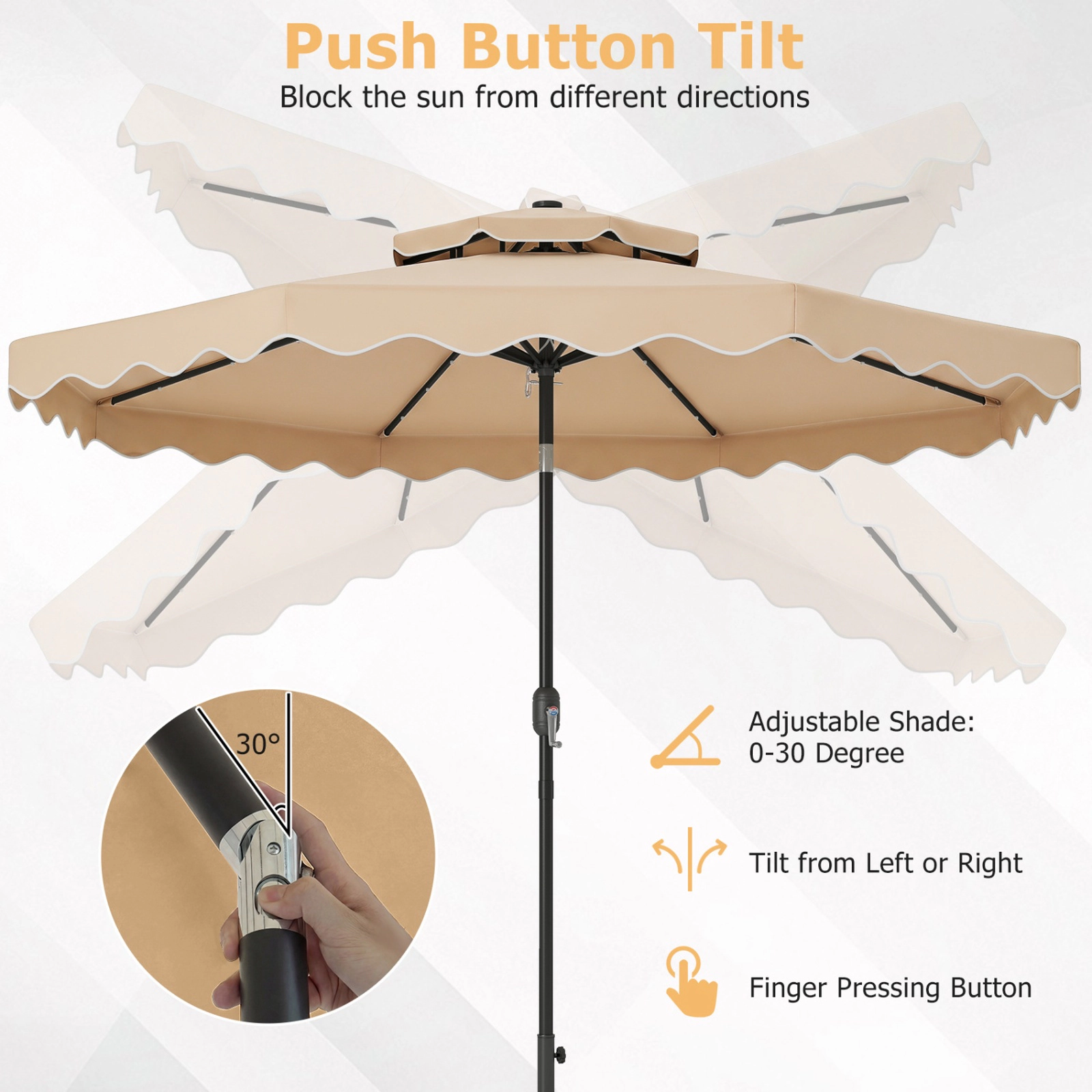 SUGIFT 9-ft Beige Solar Patio Umbrella with 24 LED Lights, Crank Lift and Push-Button Tilt