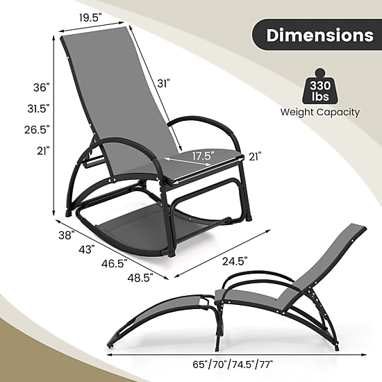 LJG 2-in-1 Outdoor Rocking Chair with 4-Position Adjustable Backrest for Patio Porch Poolside