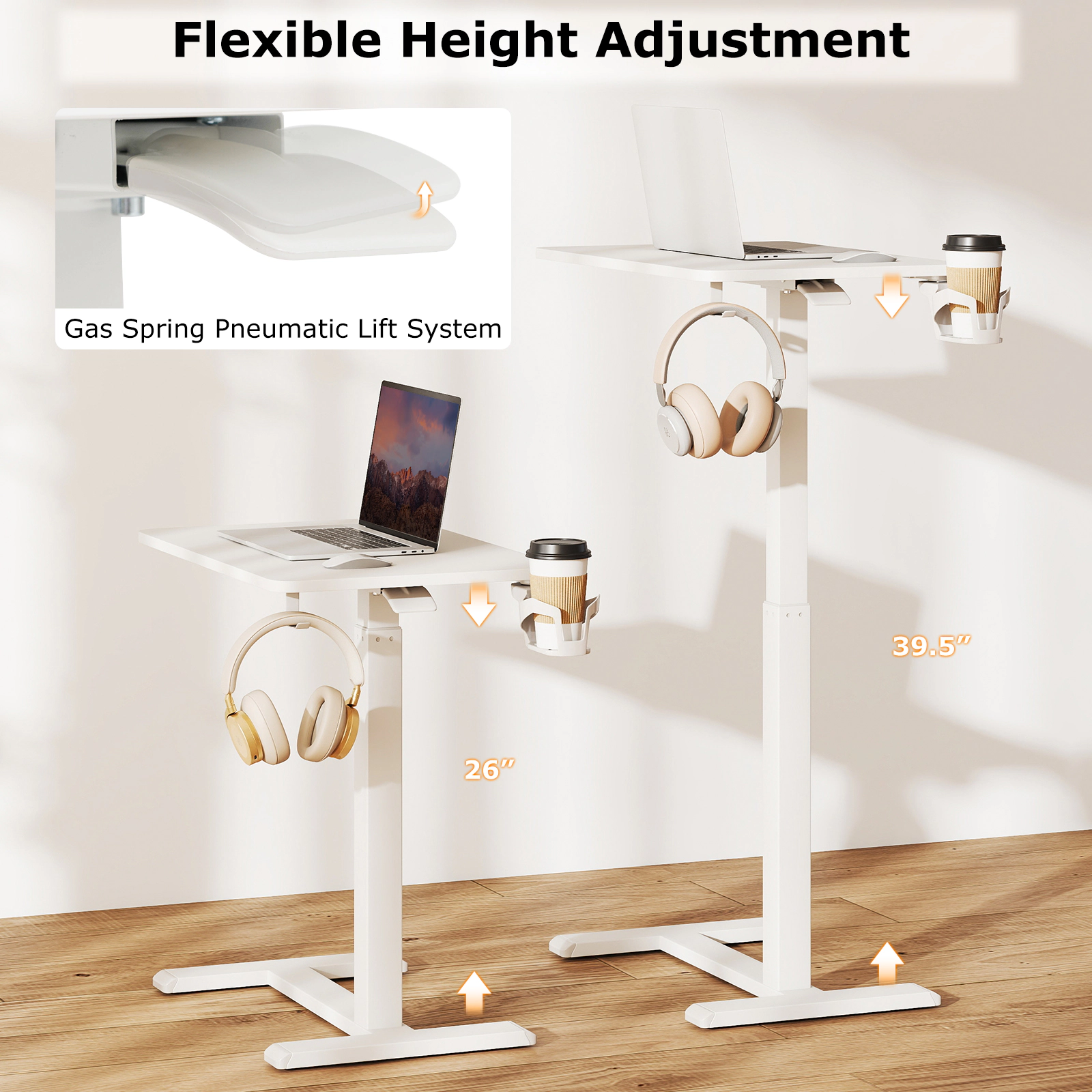 SUGIFT Height Adjustable Mobile Standing Desk Overbed Bedside Table 90-lb Capacity with Cup Holder White