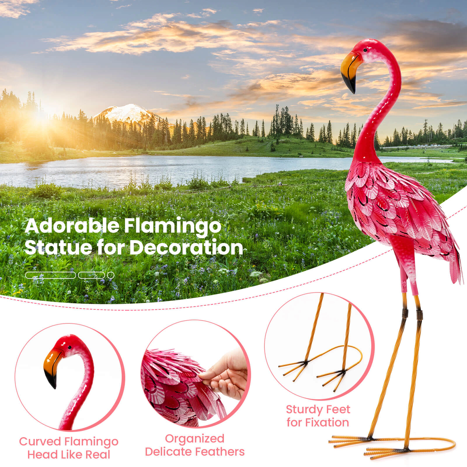 SUGIFT Set of 2 Pink Metal Flamingo Garden Statues with Gradient Feather Details 8-in W 11-in D 35-in H