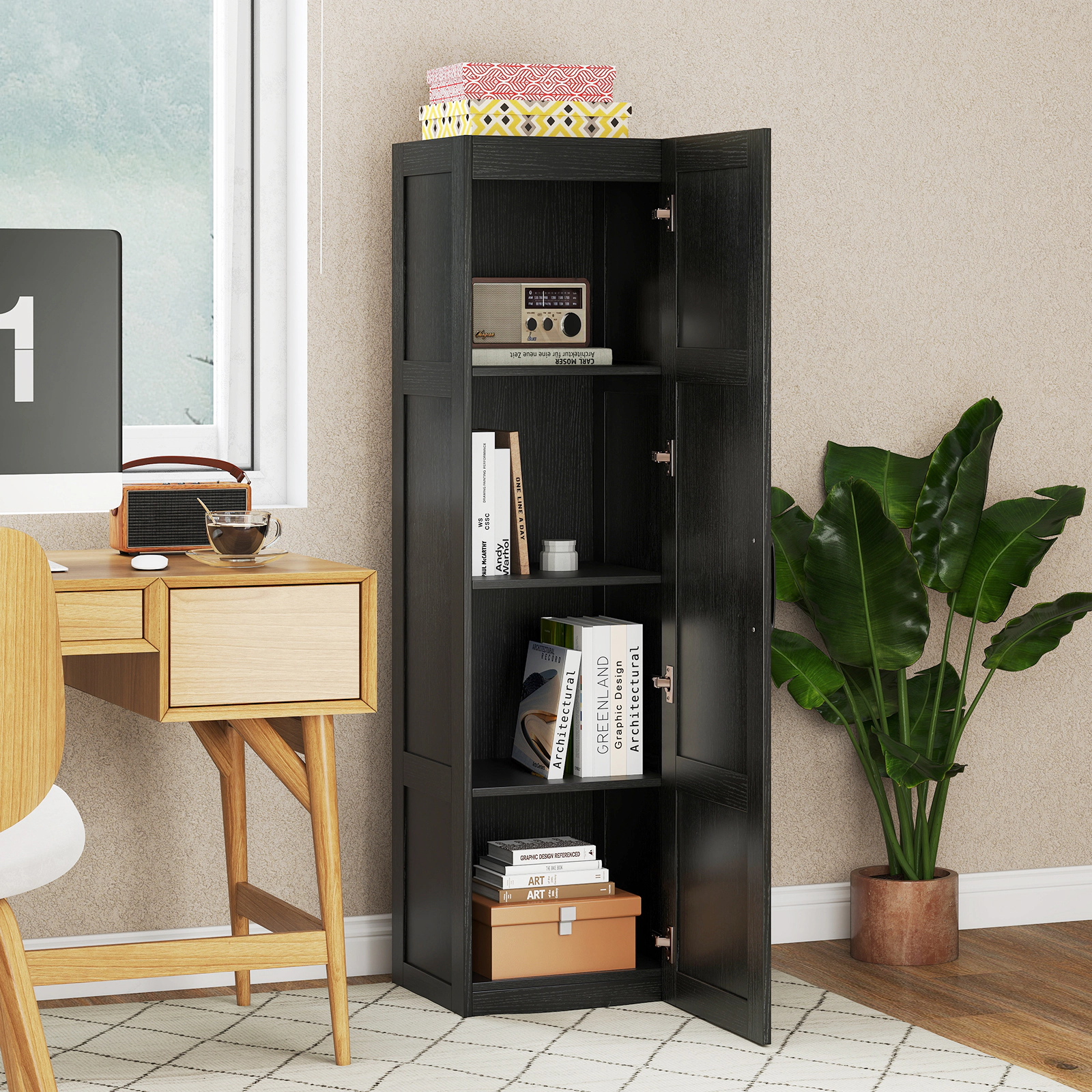 Slickblue Tall Storage Cabinet Black Wood Grain Bathroom Kitchen Organizer Cabinet