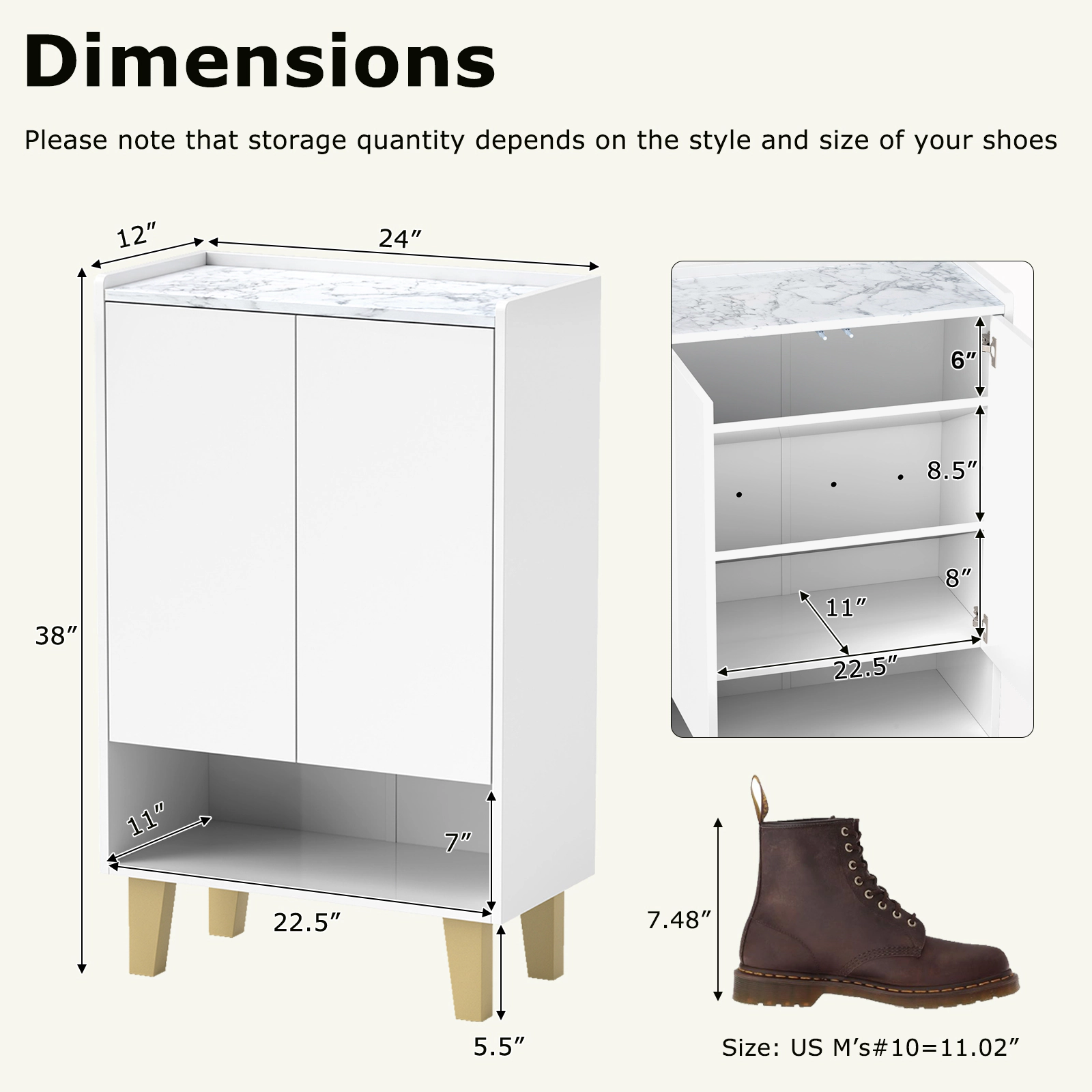 SUGIFT 5-Tier Shoe Cabinet Faux Marble Countertop Tilting Shelves 22-lb Top Capacity 22.5 x 11-in Shelf White & Gold