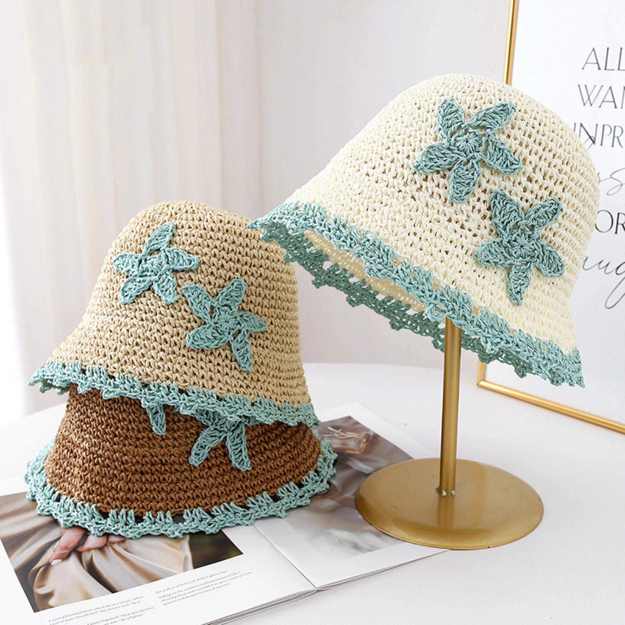 Anna-Kaci Women's Women Woven Straw Bucket Hat Wide Brim Lightweight Sun with Floral Applique Detail