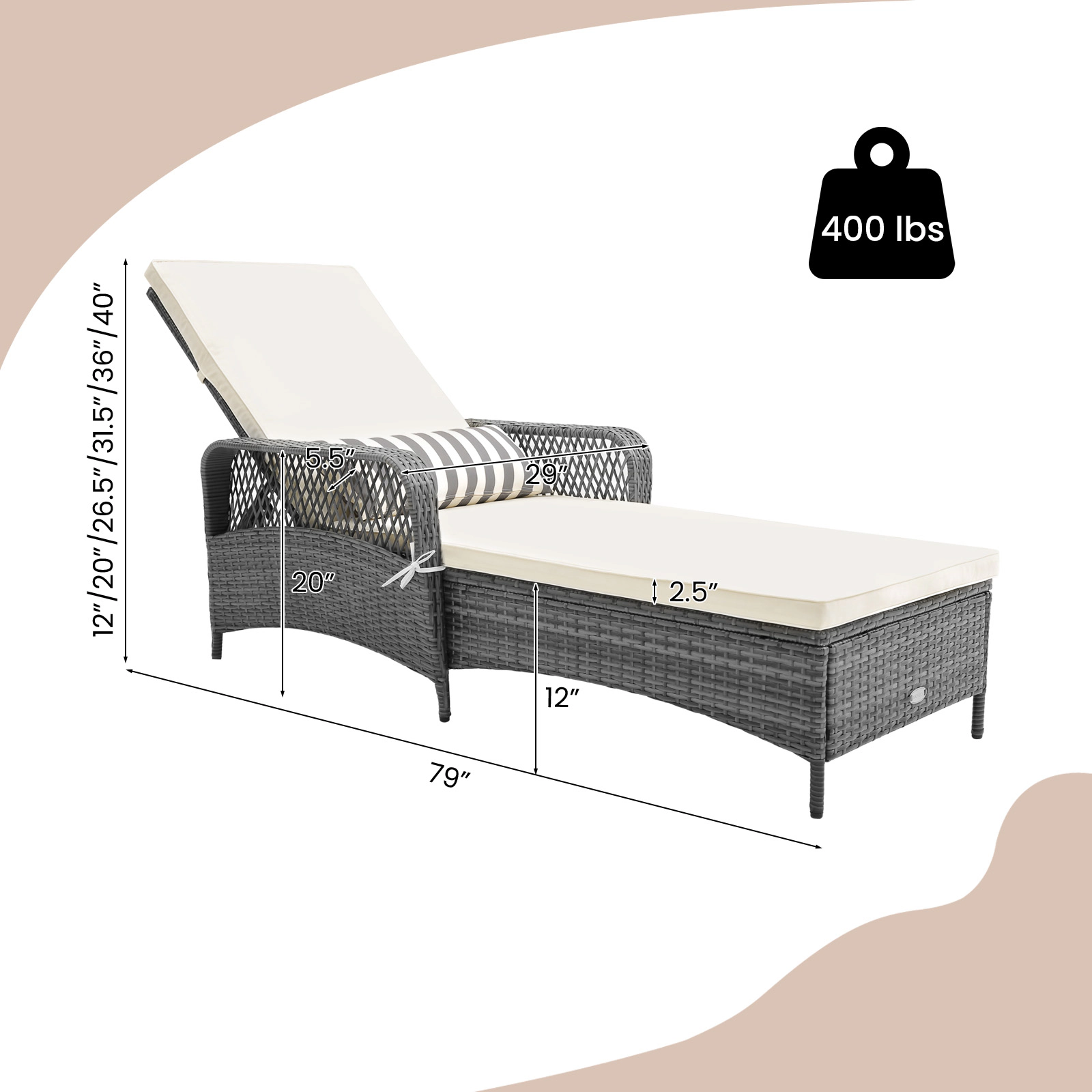 Hivvago Outdoor Chaise Lounge Chair Recliner With 6-Level Backrest Cushion And Pillow
